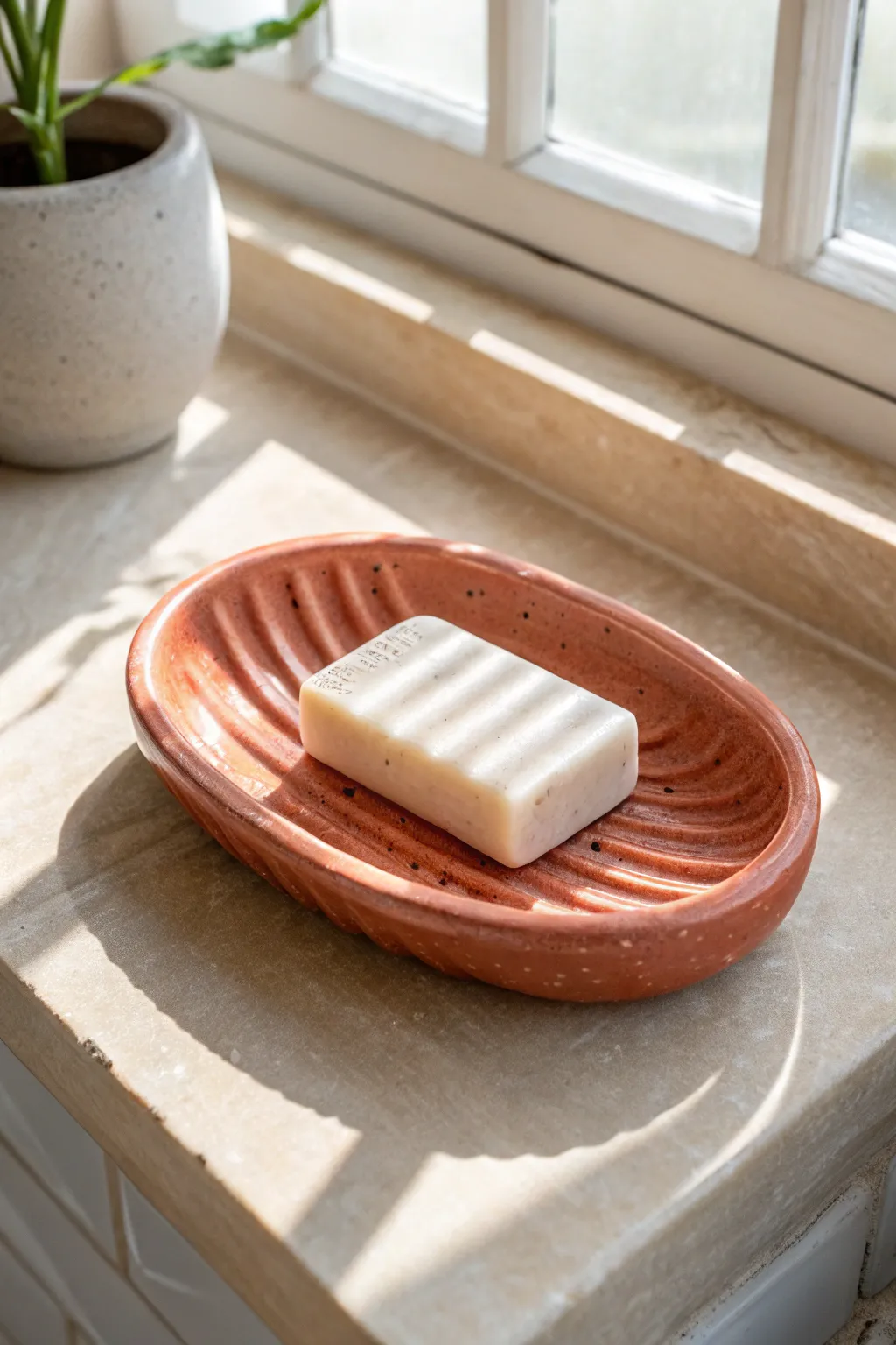 Handbuilt glossy oval soap dish with drainage ridges, minimal styling and a bold coral glaze