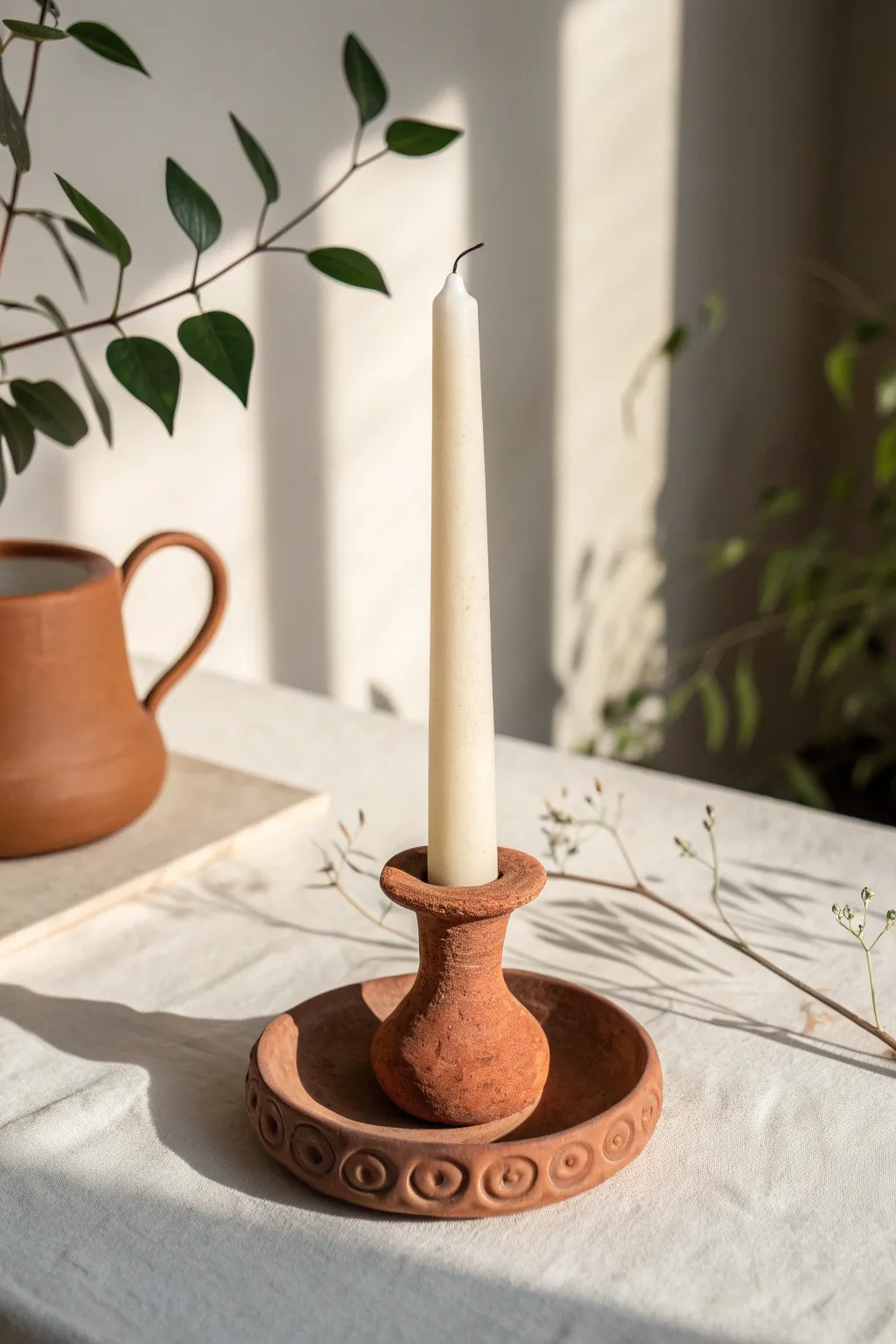 Simple air-dry clay taper holder in terracotta, a bold candle, and soft Scandinavian shadows.