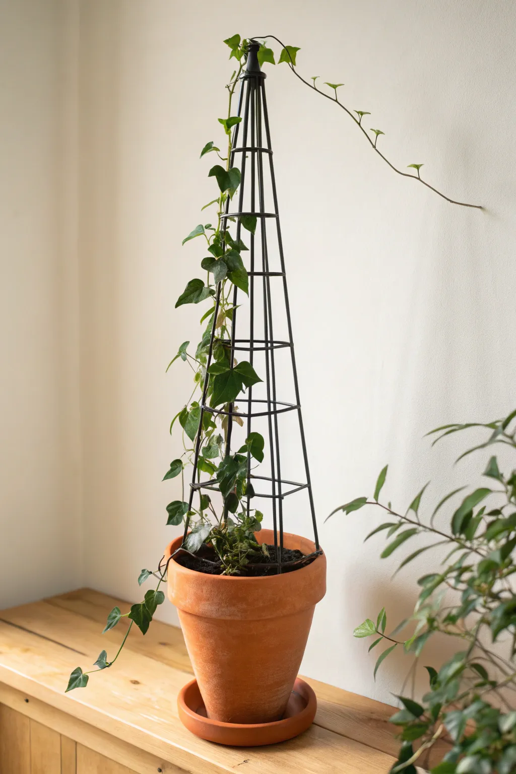 Terracotta obelisk planter with ivy spiraling up into a bold, minimalist green tower
