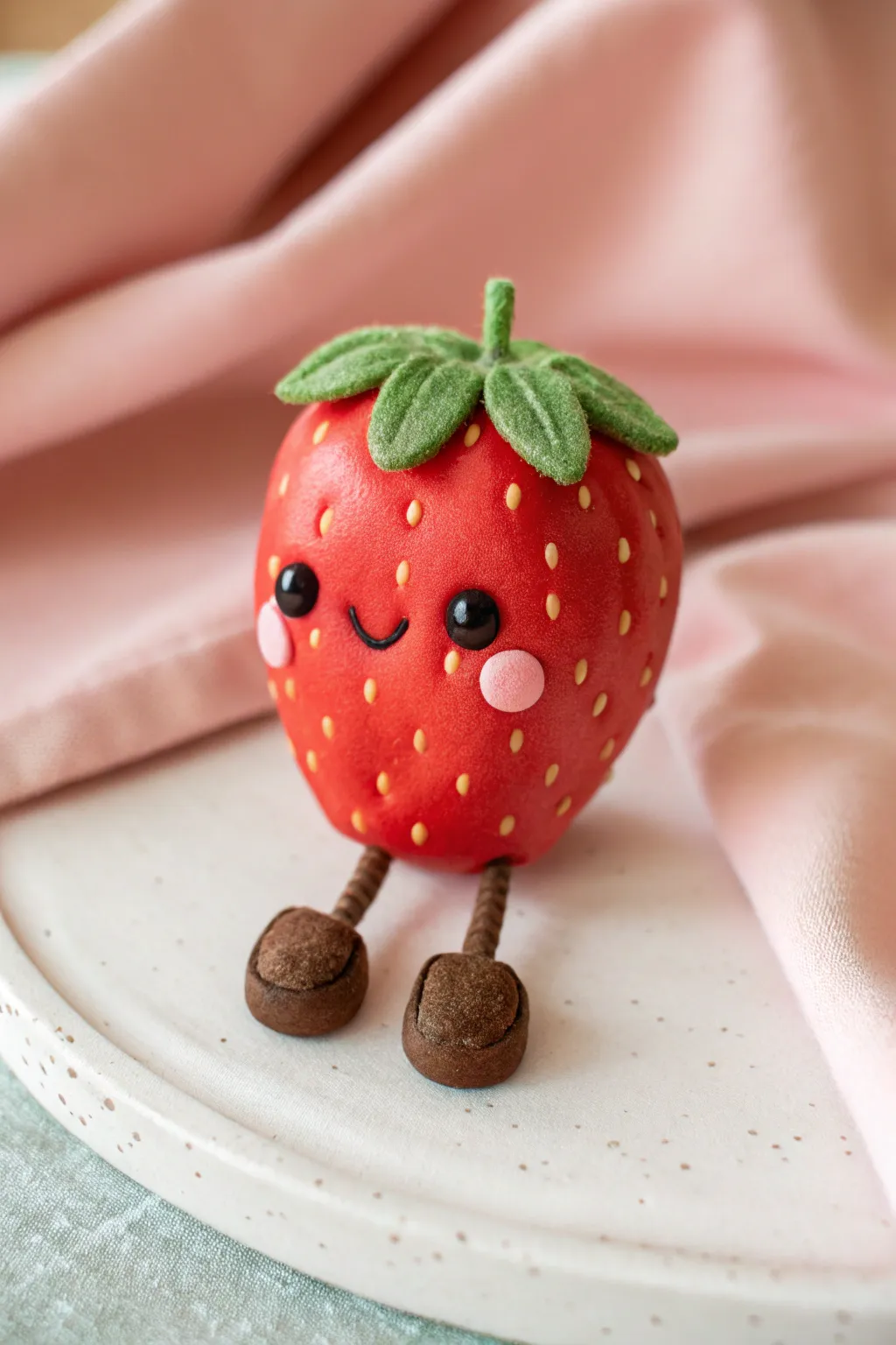 Adorable clay strawberry with dangly legs in bold red on a soft pastel minimalist backdrop.