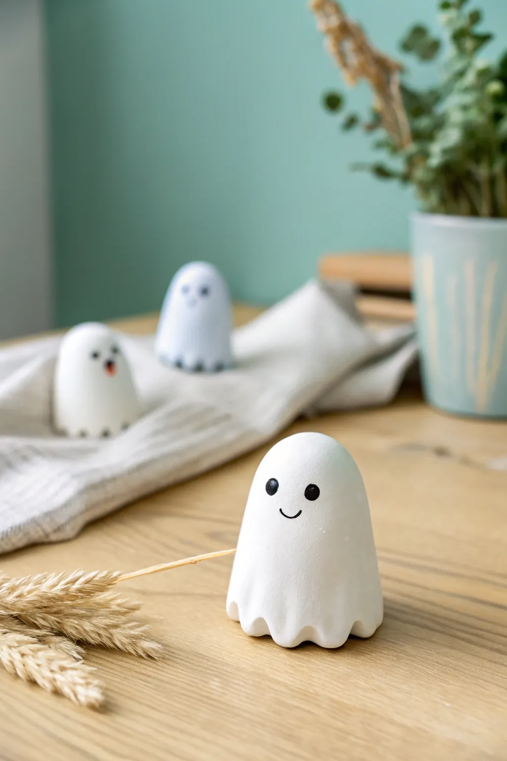Tiny kawaii air dry clay ghost desk friend, minimalist Scandi styling with a soft boho touch