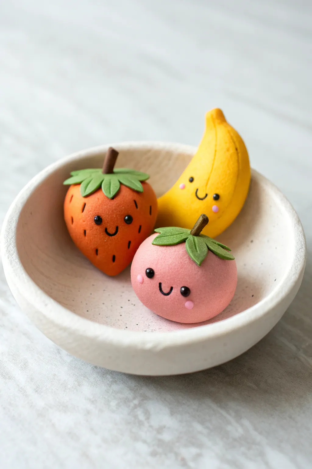 Sweet kawaii clay fruit trio in a tiny bowl, simple shapes and bold happy colors for kids