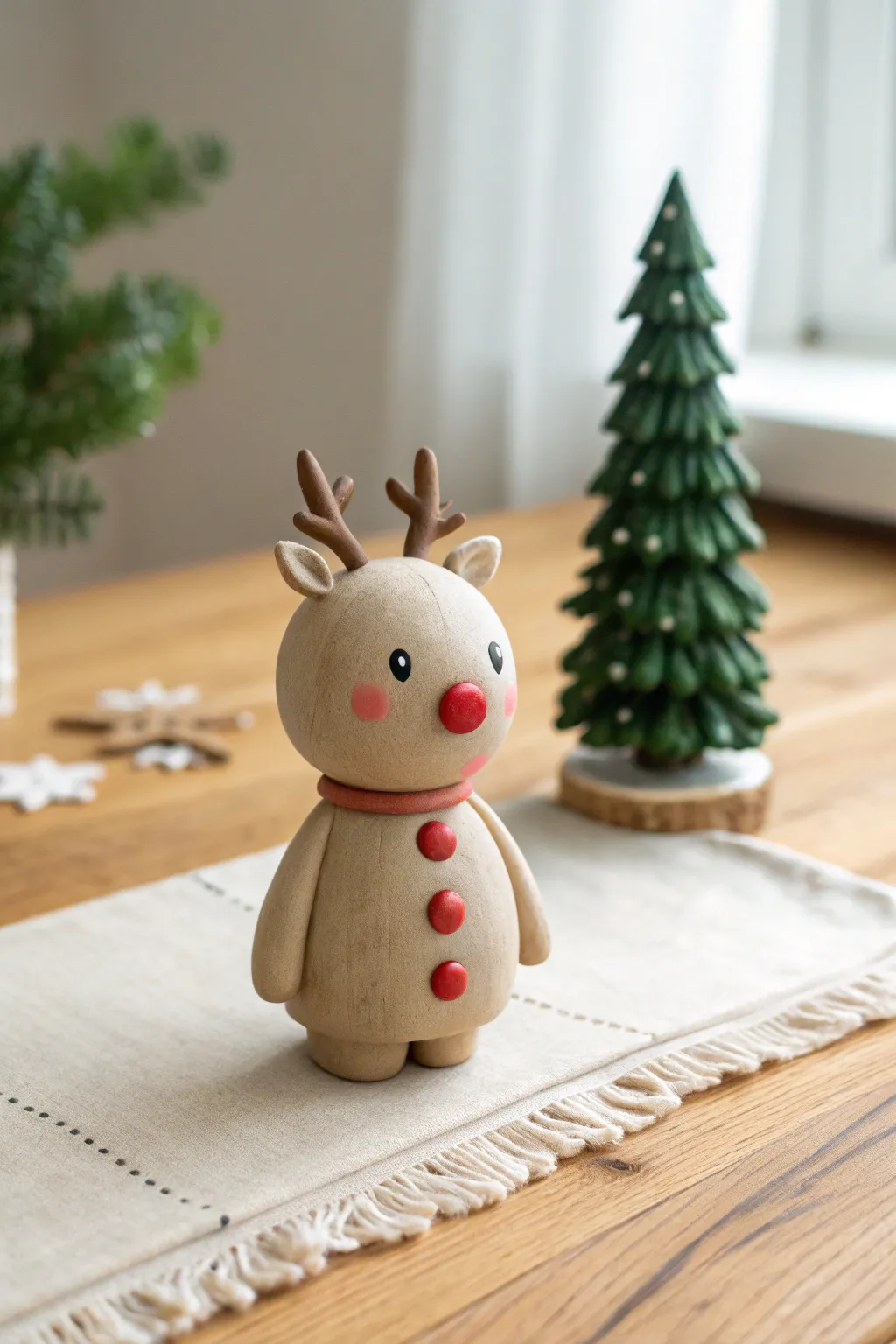 Adorable chubby clay reindeer with button nose, minimalist Christmas charm for your shelf