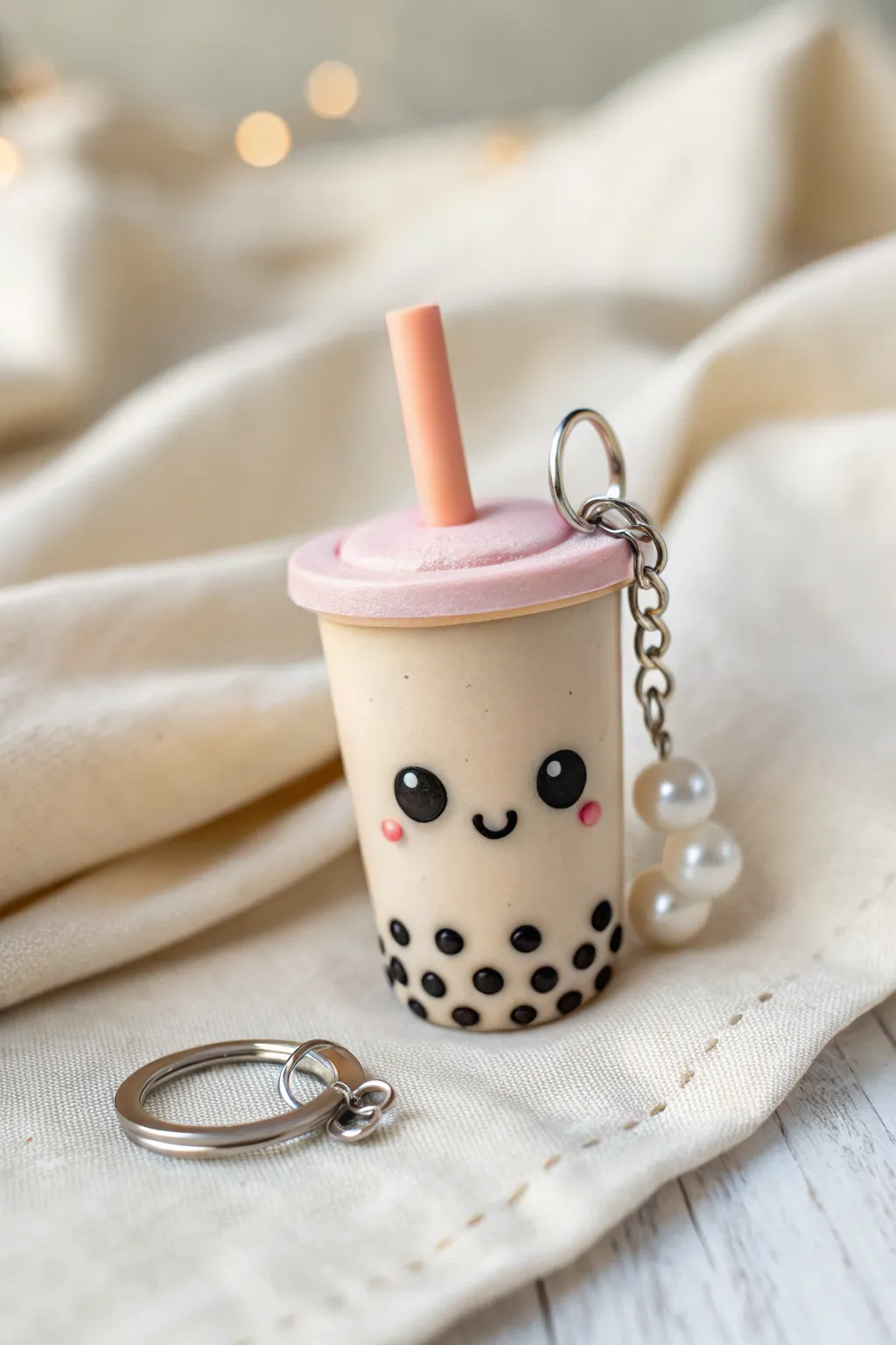 Kawaii bubble tea clay charm in creamy beige with coral straw and cute dotted boba pearls