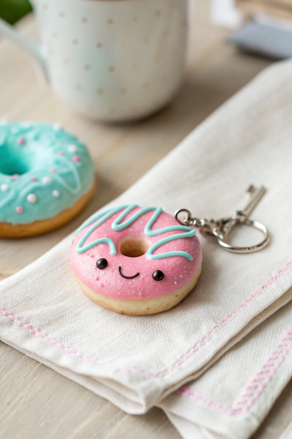 Sweet kawaii donut charm with pastel icing and tiny smile, minimalist boho styling for easy clay inspo
