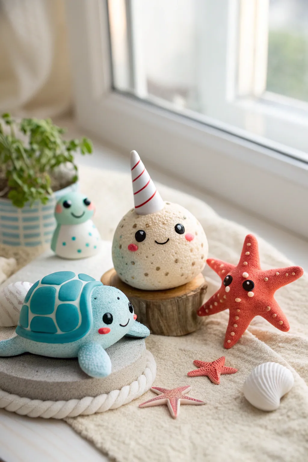 Cute under-the-sea polymer clay trio in soft blues and cream, minimalist and handcrafted.