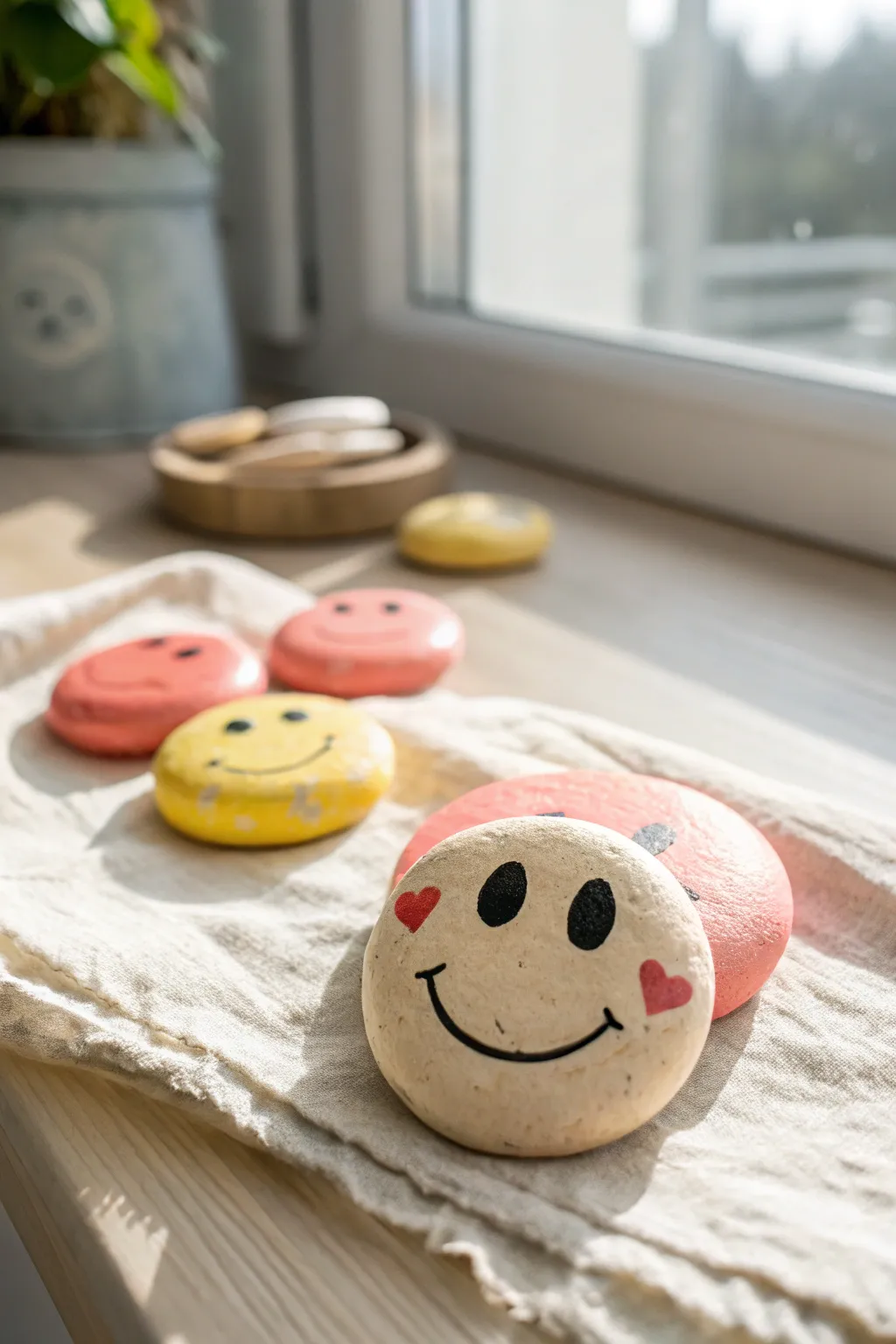 Adorable air dry clay emoji faces, a quick kids craft that looks cute as tabletop game pieces
