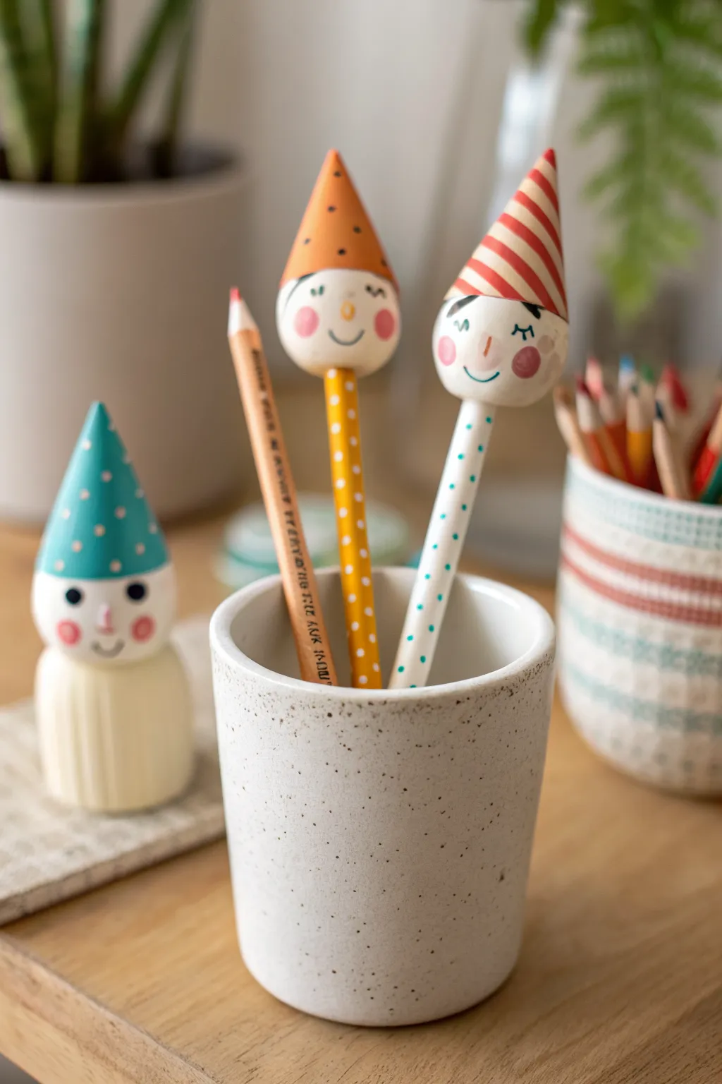 Bright silly-faced clay pencil topper in a minimal cup, Scandinavian clean style with bold color