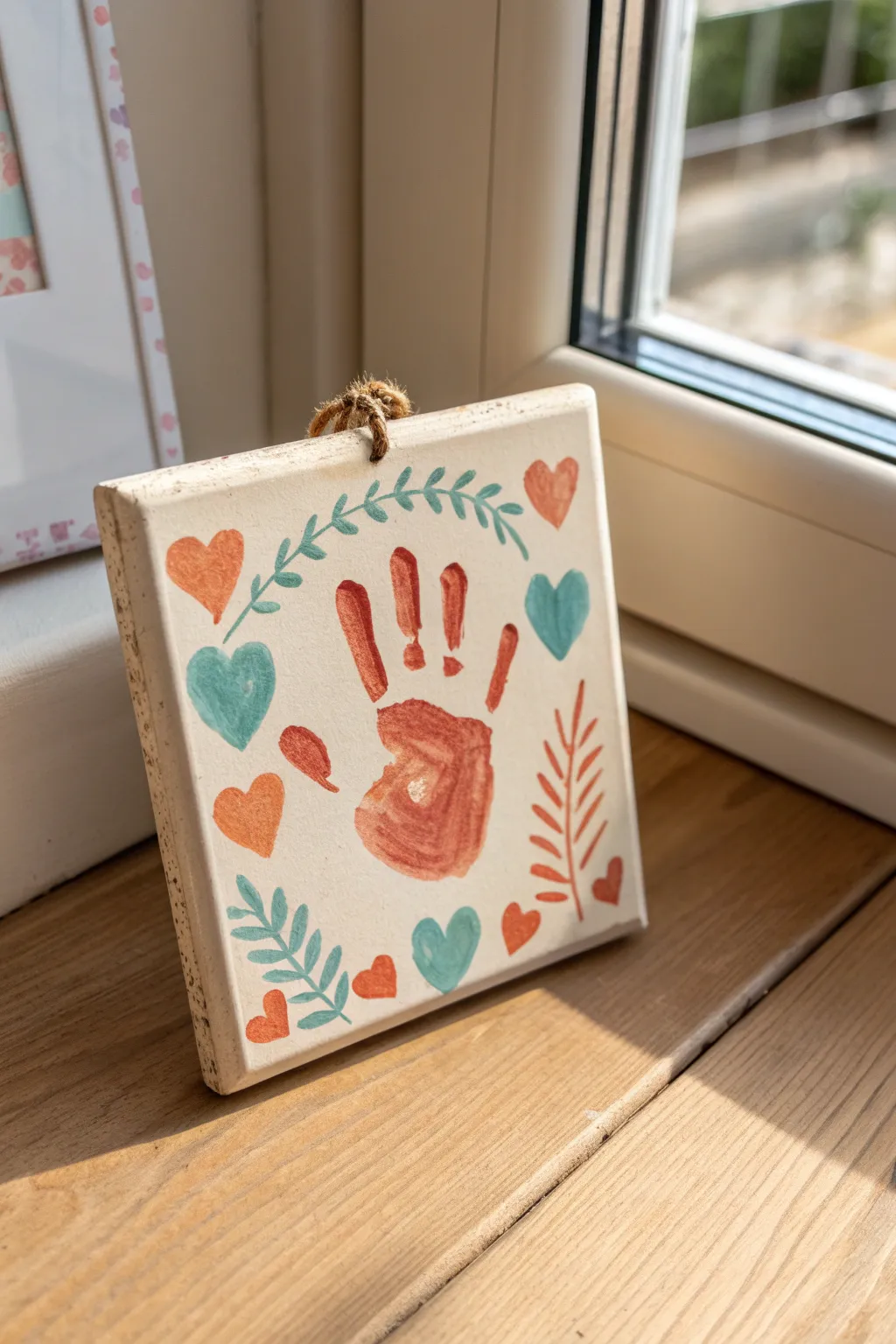 Cheerful air-dry clay handprint tile with a tiny thumbprint heart, styled in minimalist boho