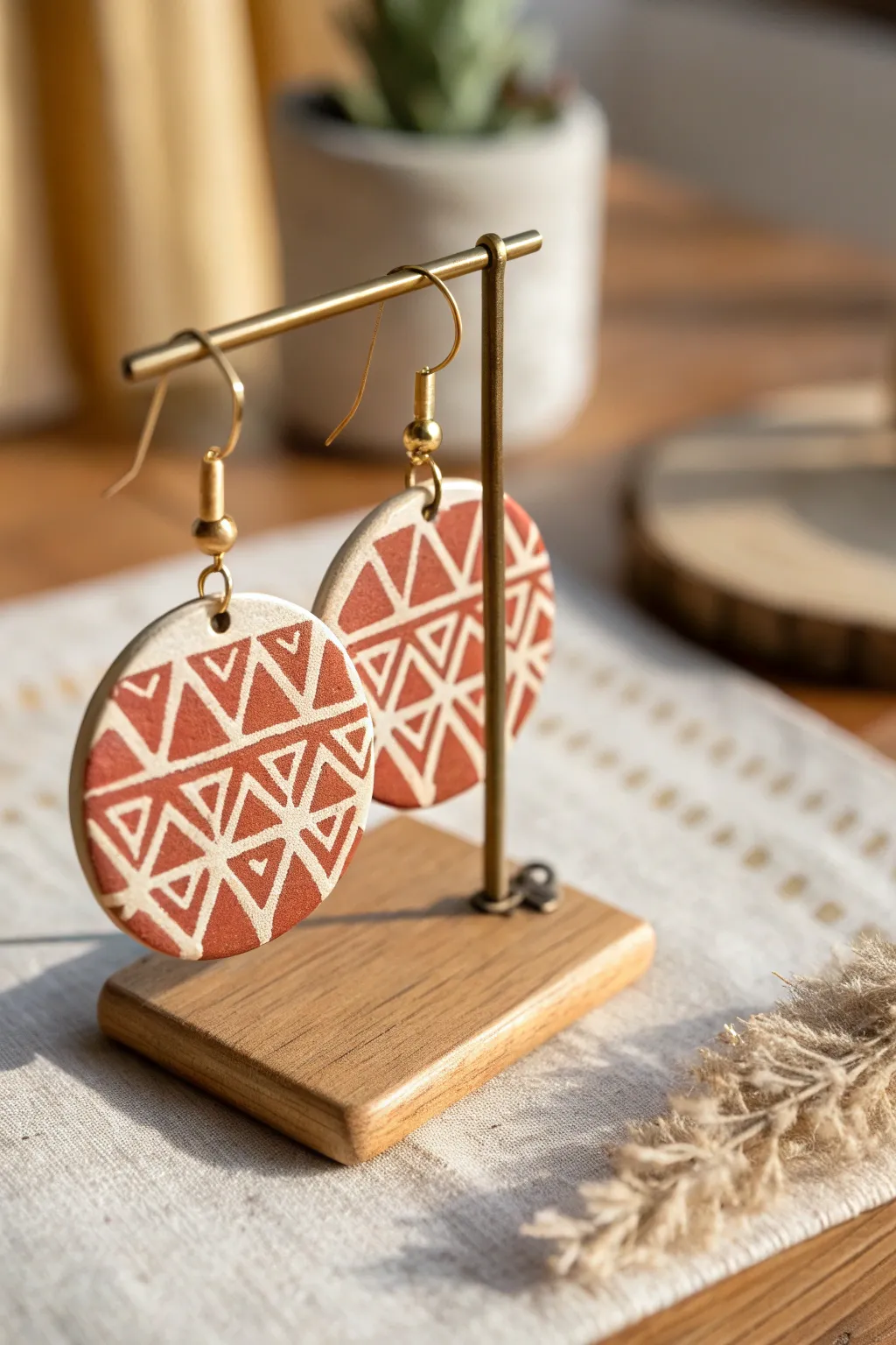 Bold stenciled liquid clay skin on a minimalist statement earring, crisp edges, modern boho contrast.