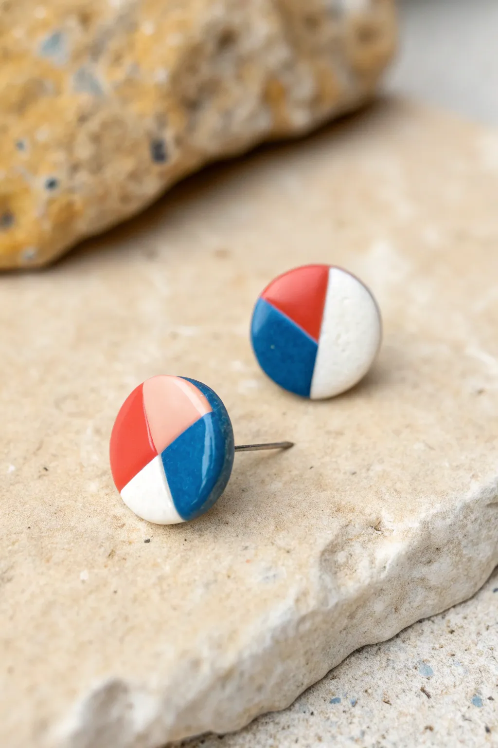 Faux enamel stud in bold color blocks, glossy liquid polymer clay for a clean minimalist look.