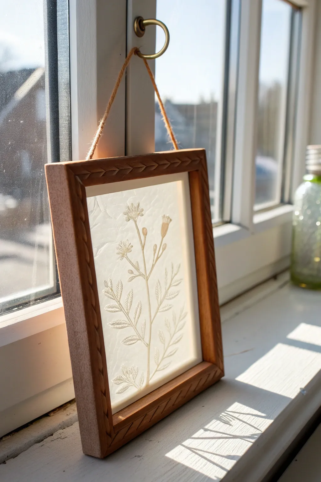 Sunlit porcelain lithophane in a minimalist terracotta frame, glowing as a window suncatcher.