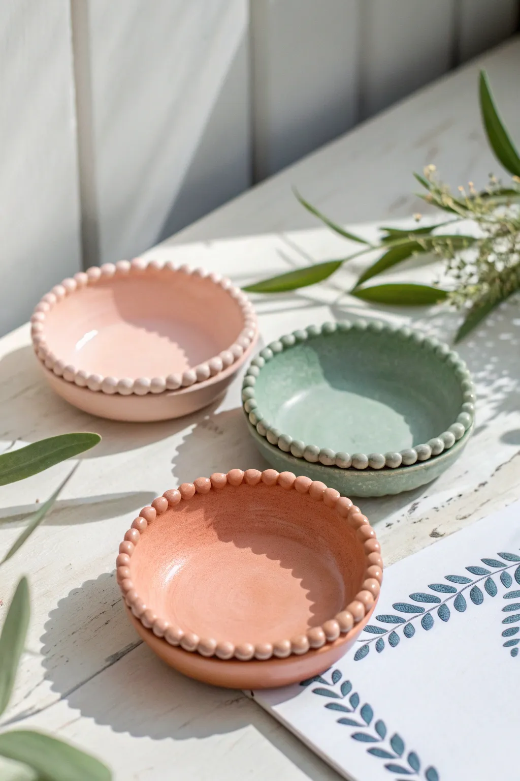 Mini beaded-edge air dry clay dishes in soft boho hues on a bright minimalist backdrop.