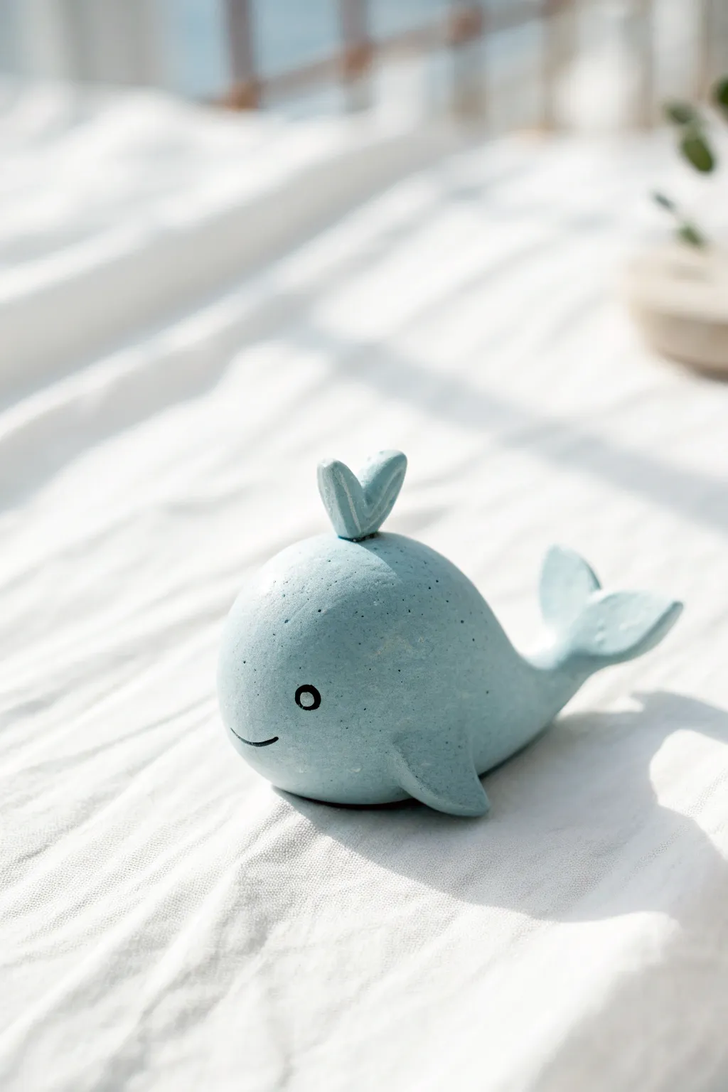 Mini light-blue clay whale with a simple water spout, minimalist and sweet on crisp white.