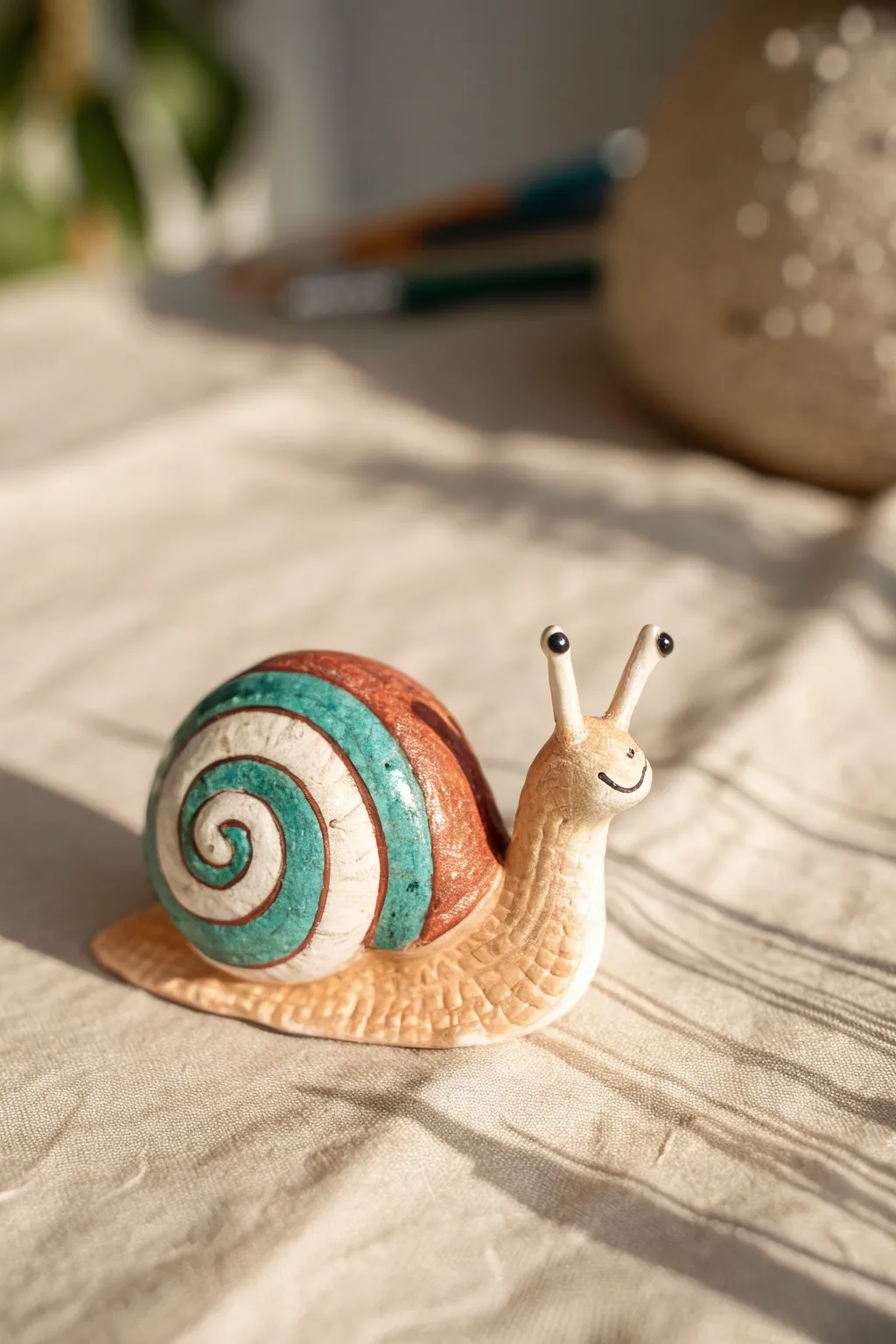 Cute glossy clay snail with spiral shell, bold teal and terracotta on a minimalist backdrop.