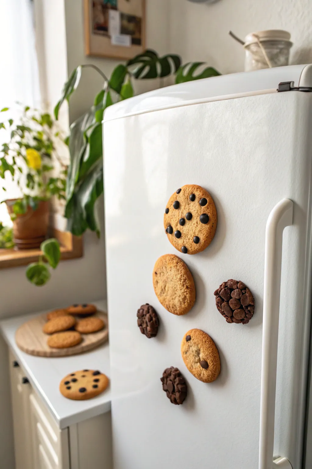 Sweet mini cookie magnets with golden edges, perfect for a cozy minimalist kitchen mood.