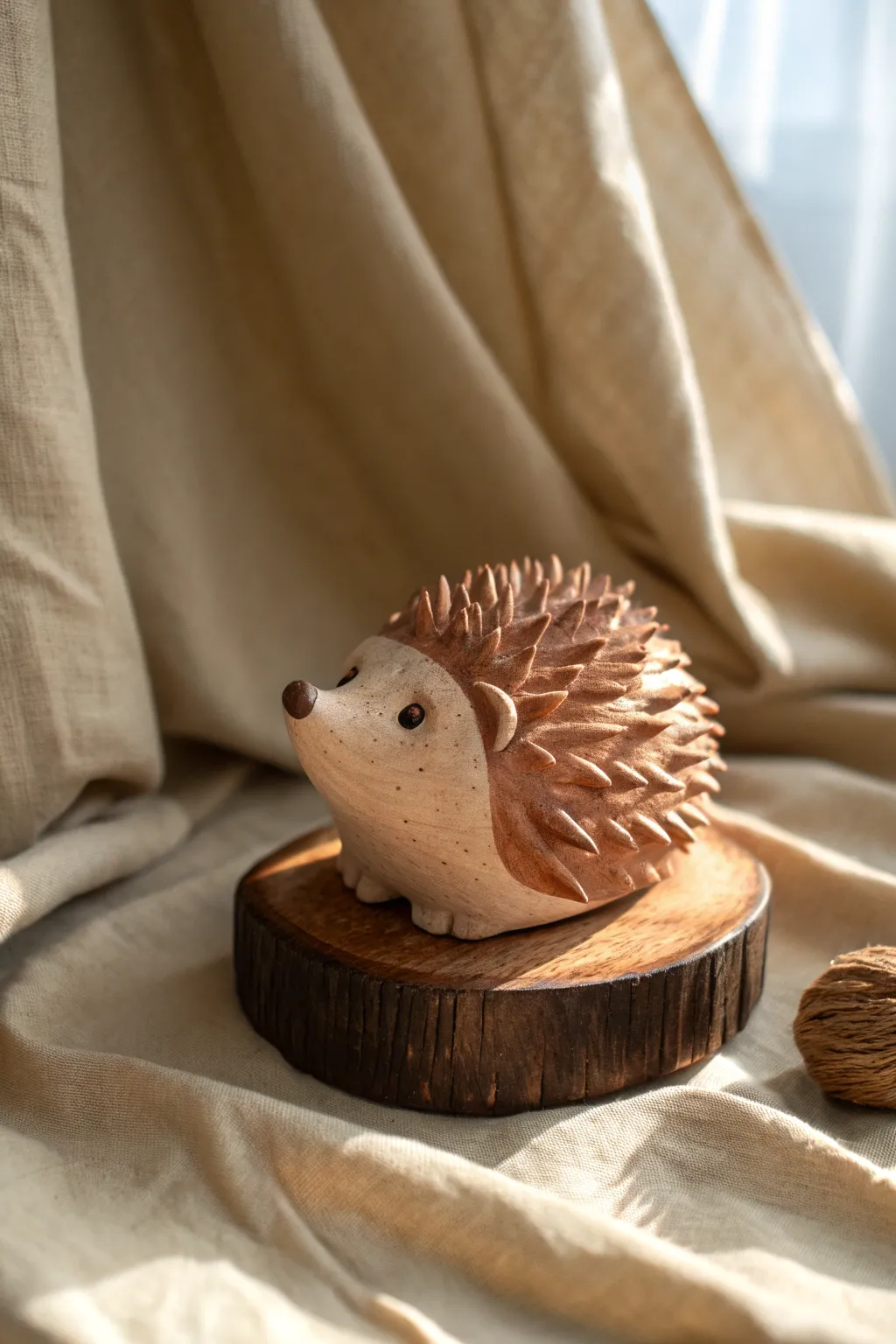 Tiny clay hedgehog sculpture with smooth face and textured spikes, styled in cozy minimal neutrals.