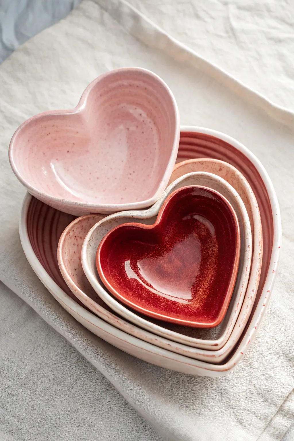 Nested heart bowls in soft ombré pink to crimson, minimalist styling for a love clay mood.