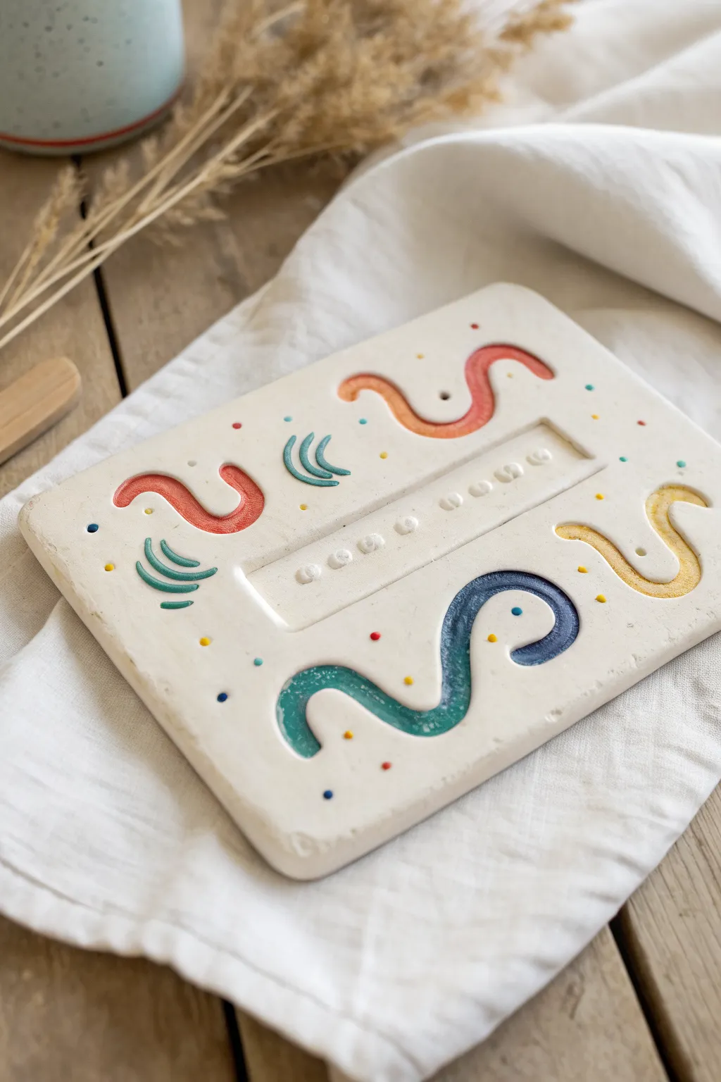 Wiggly worm magic clay plaque in bold colors, minimalist Scandinavian styling, kid-friendly and cute