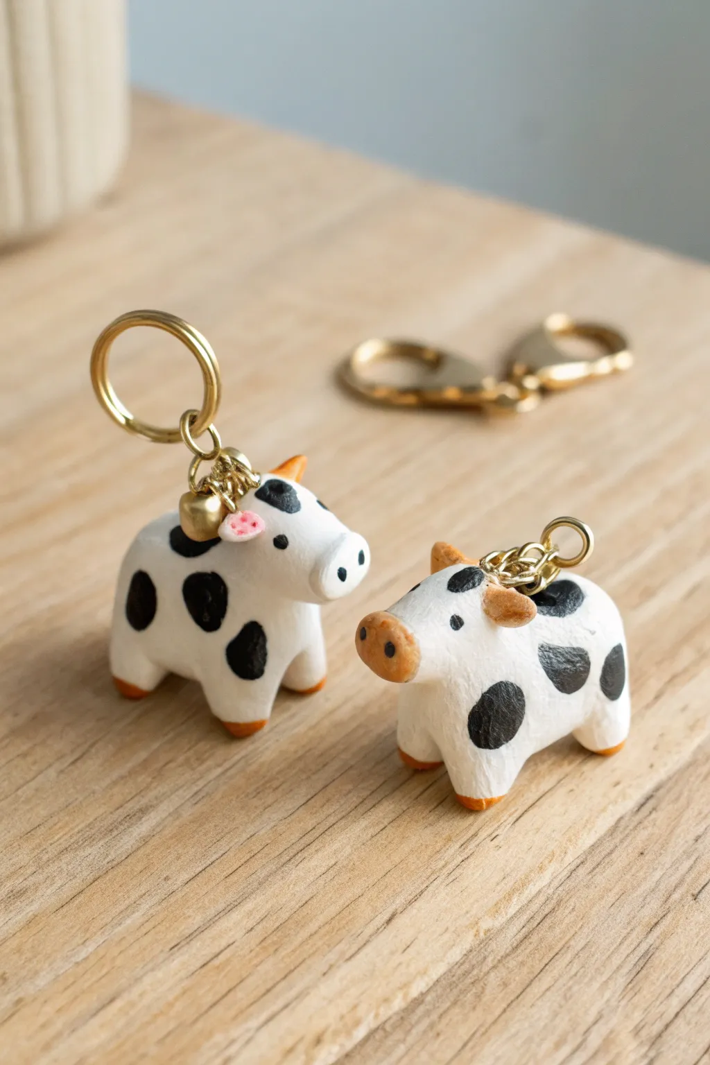 Cow twins with different spots, side by side charms that celebrate matching clay ideas.