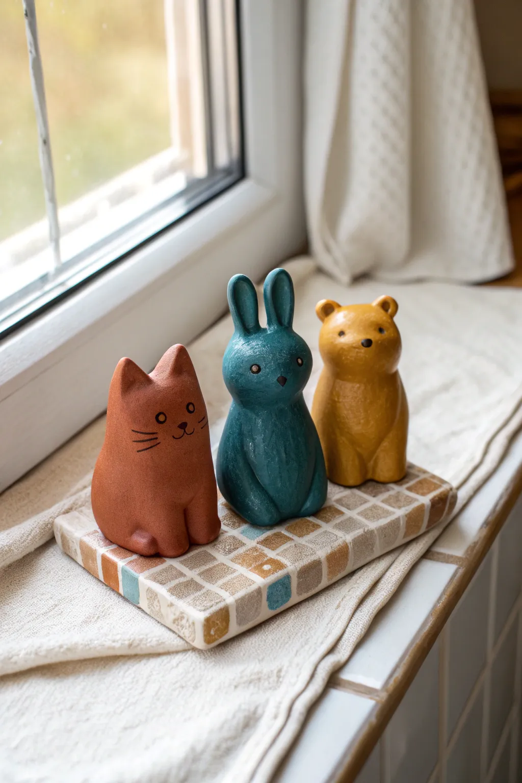 A tiny clay animal trio you can batch-make fast: cat, bunny, and bear in bold minimalist colors.