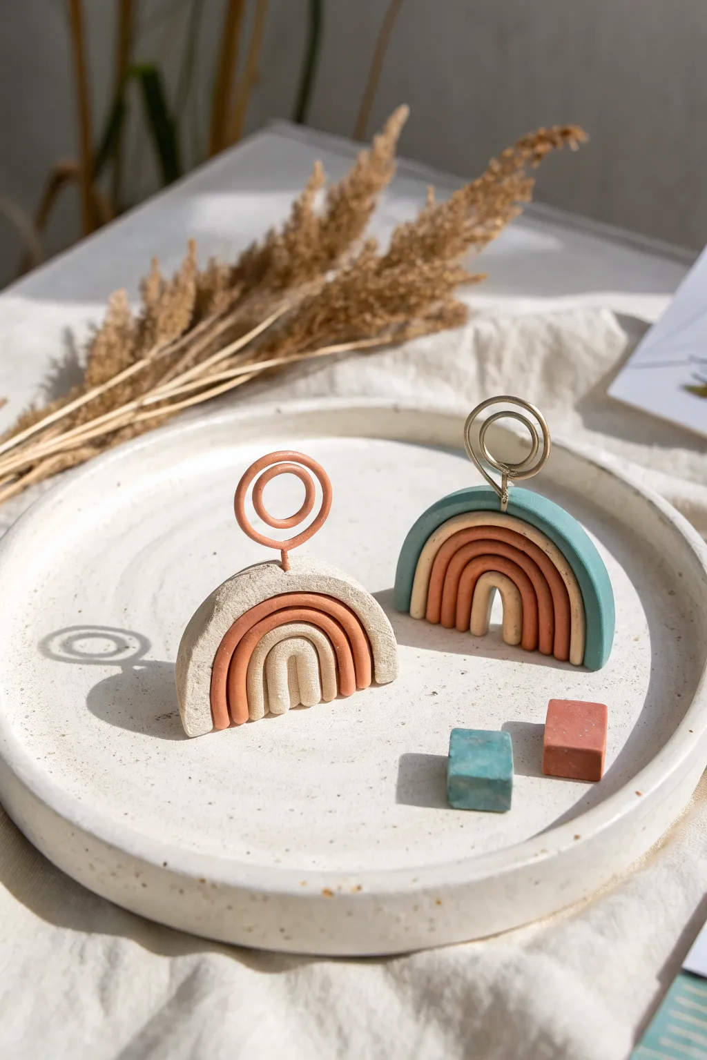 Make mini date memories: matching clay photo stands holding two tiny prints, simple and sweet.