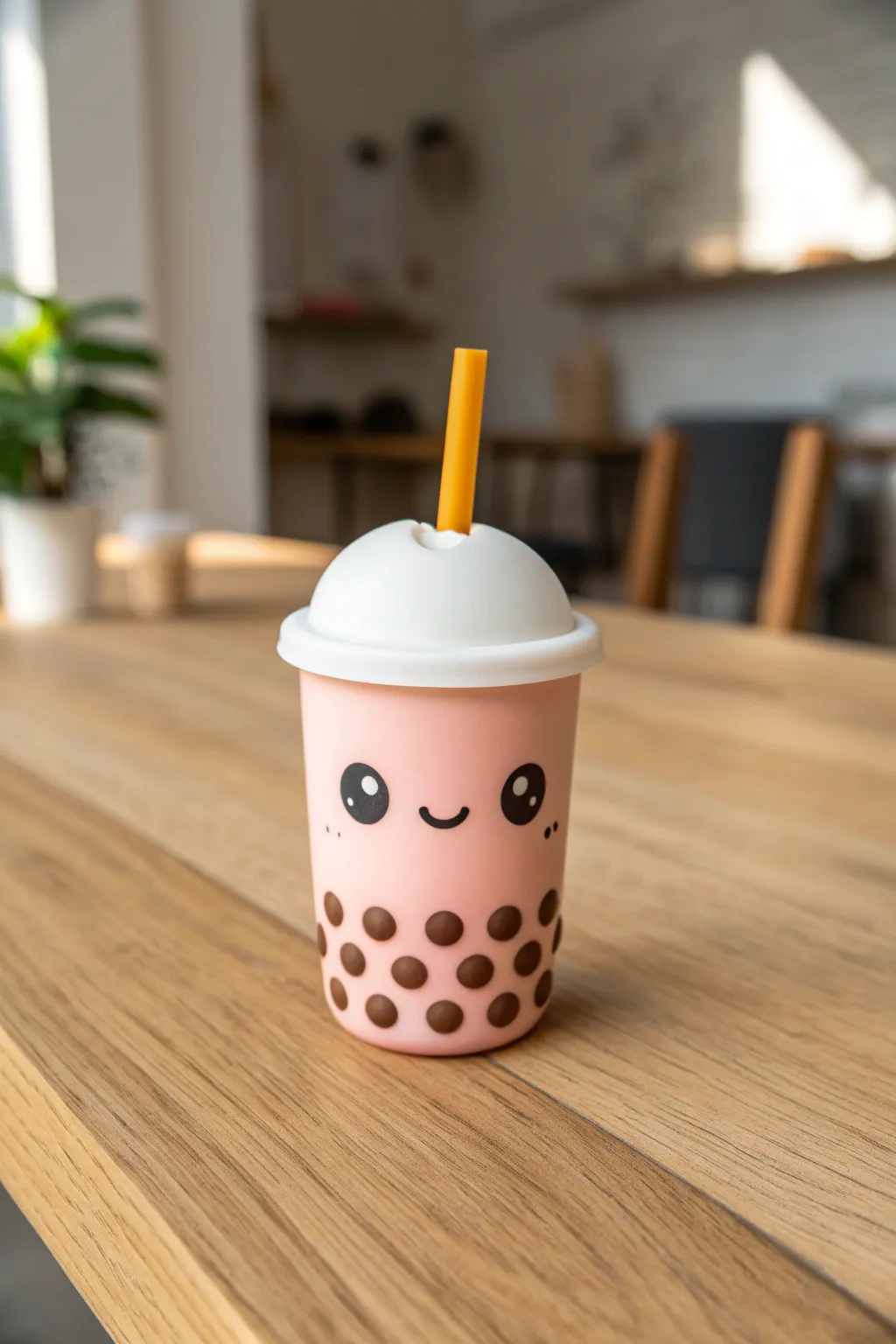 Mini bubble drink clay character with tiny straw and boba dots, a cute and simple charm idea
