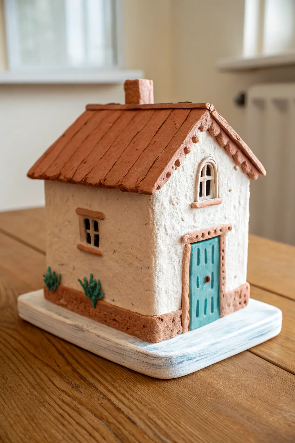 Farmhouse mini clay house with a tiny porch and steps, simple shapes and cozy Nordic-boho contrast.