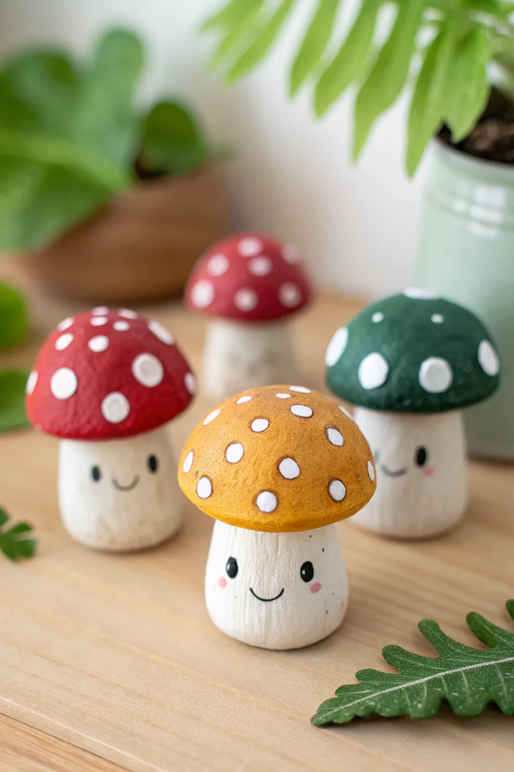 Mini mushroom friends with polka dots, sweet faces, and cozy woodland vibes in bold colors