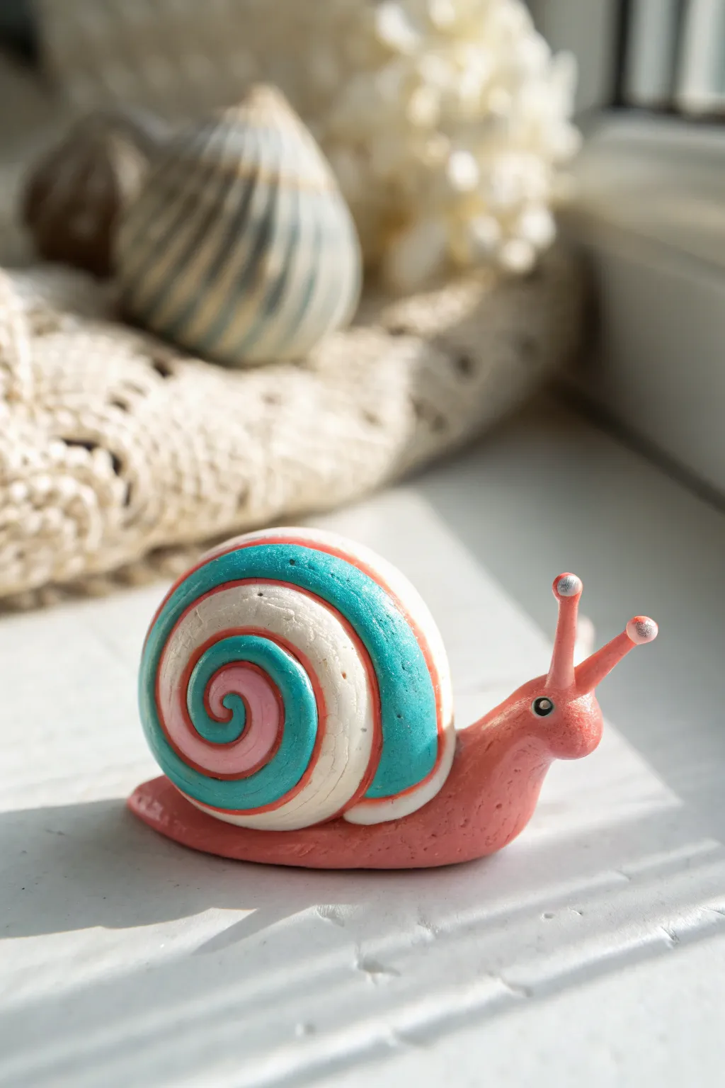 Tiny swirly clay snail in bold color, perfect mini project for kids and a cute desk buddy.