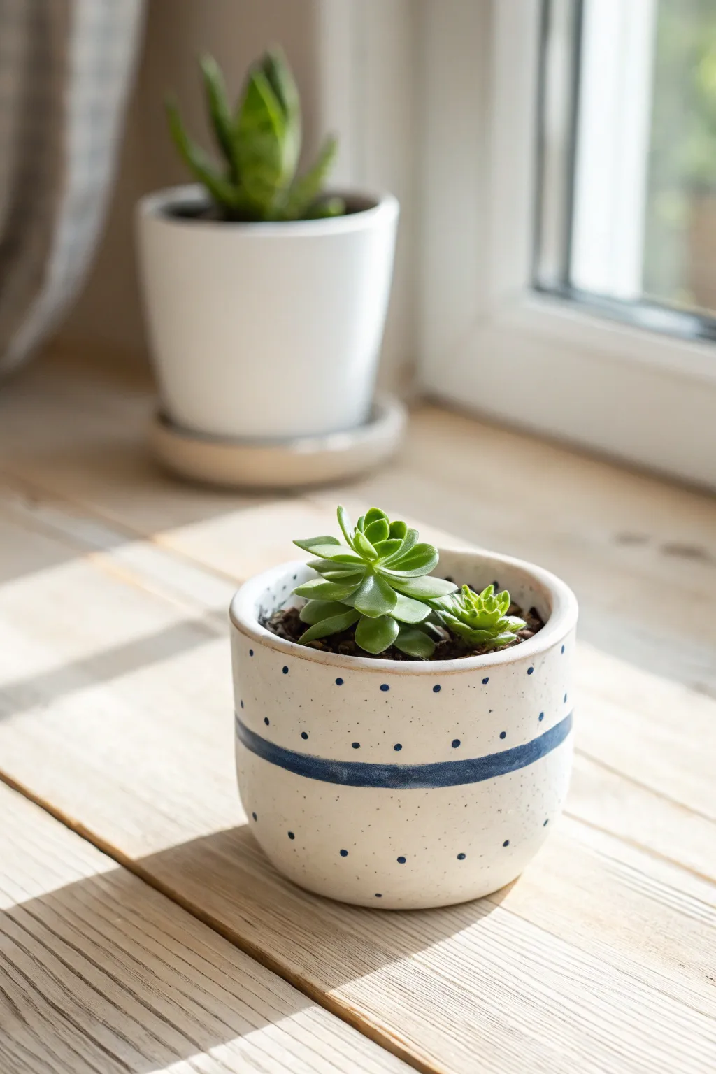Tiny handmade clay pot with a soft green succulent, minimalist dots, bright airy light.
