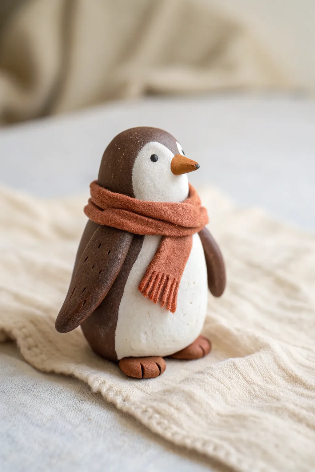 Cozy mini clay penguin with a tiny scarf, minimalist design and a bold color pop