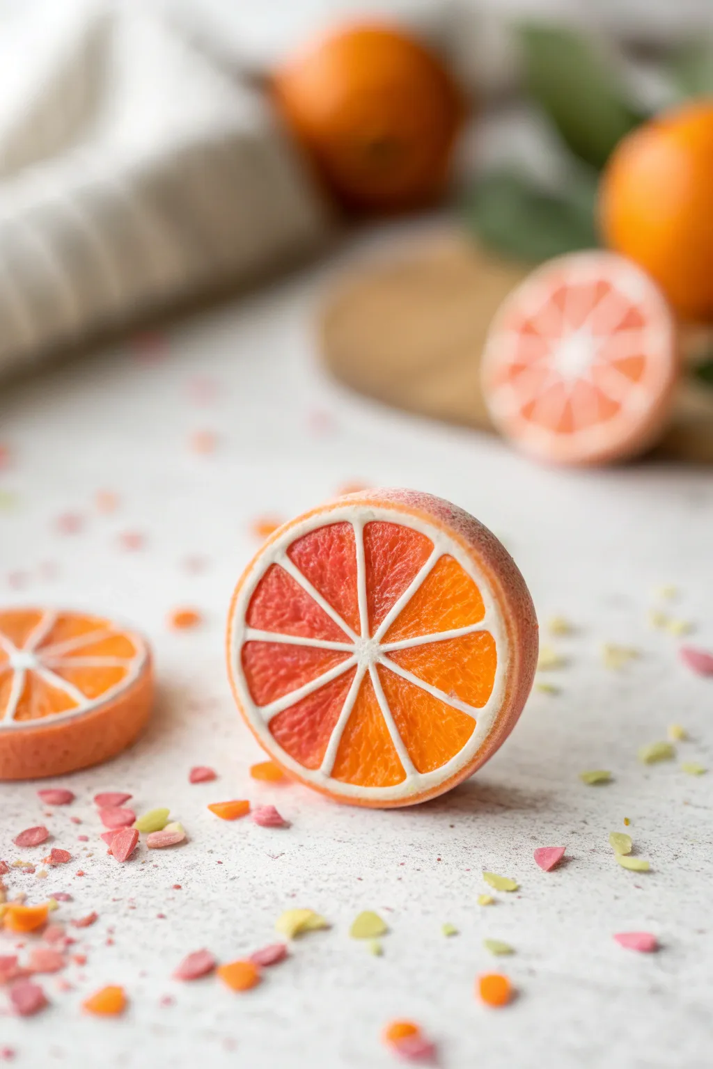 Tiny clay citrus slices in bold color, one in sharp macro focus for simple mini project inspo.
