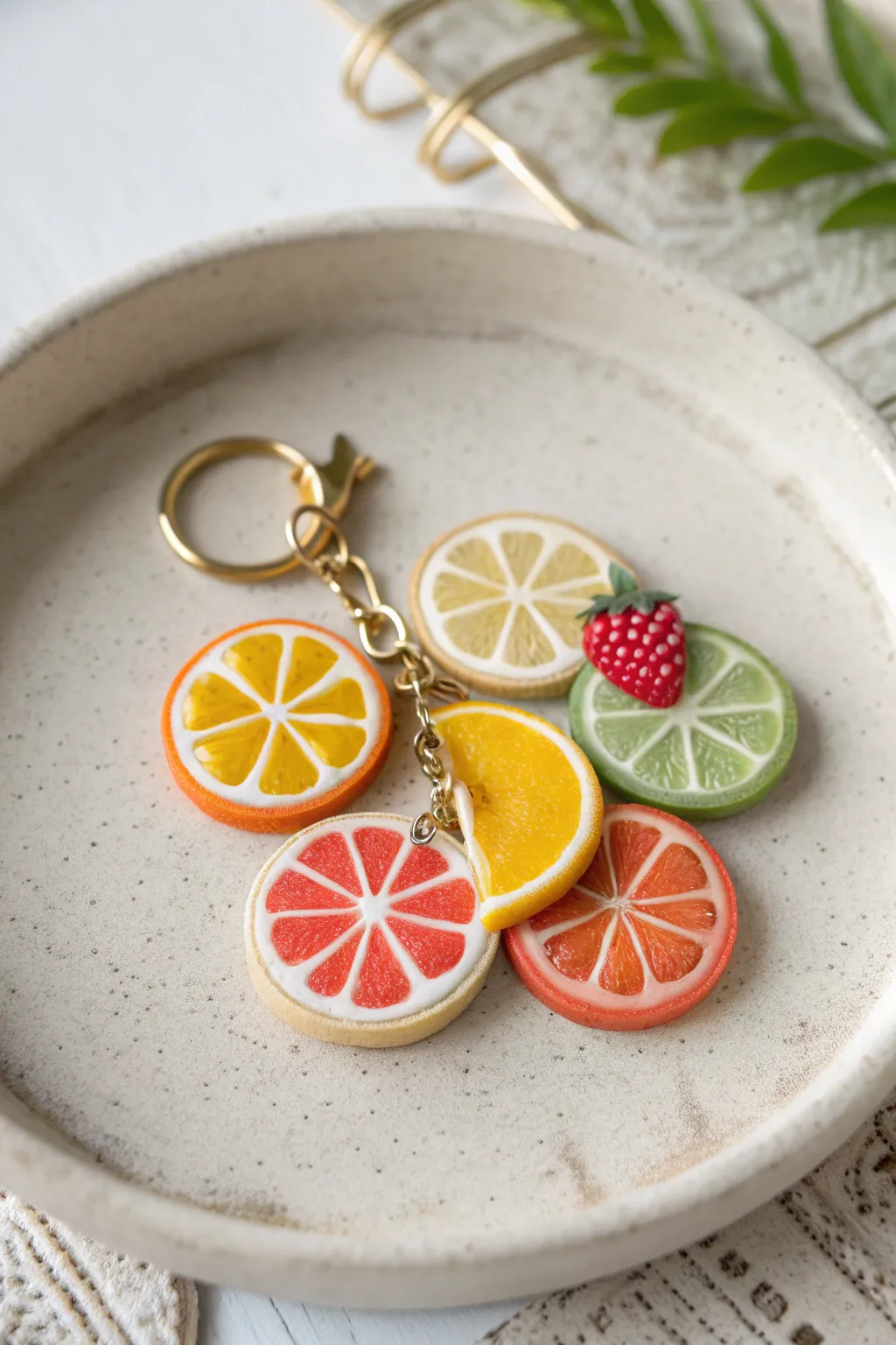Colorful mini fruit-slice clay charm cluster on a matte ceramic tray, simple, bold, handmade.