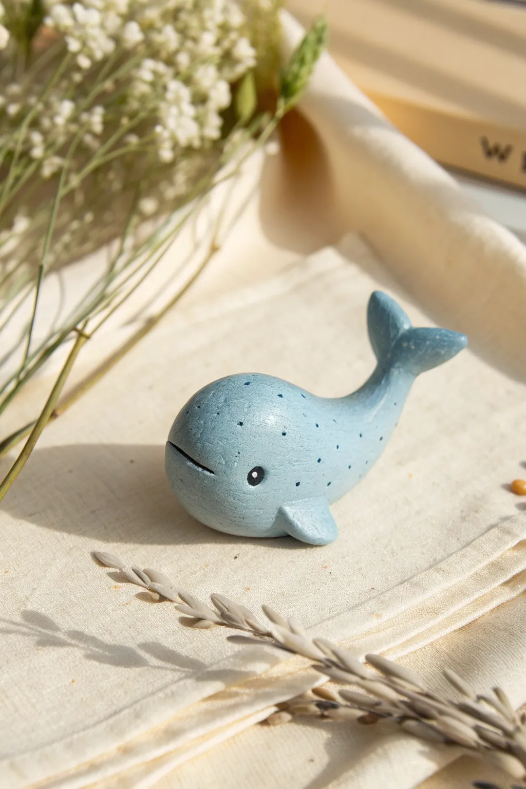 Tiny blue clay whale with a cute spout, minimalist desk-pebble charm in soft natural light.