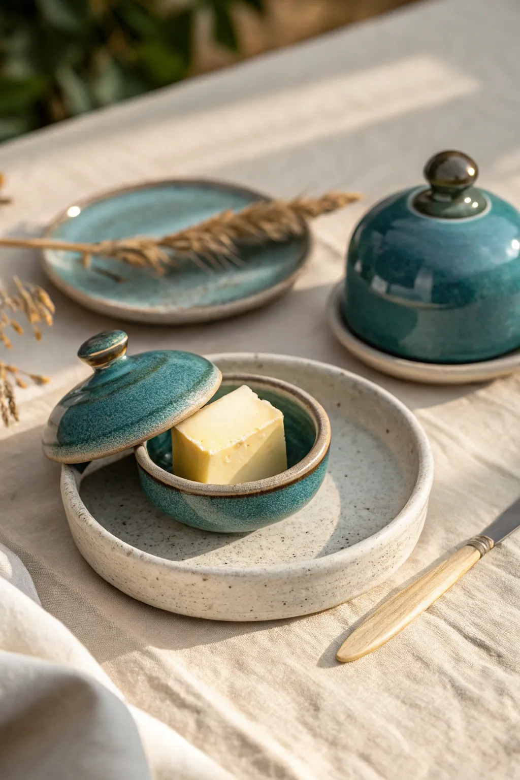 Mini butter keeper set in bold teal glaze, styled simply with a tiny knife for sweet scale.