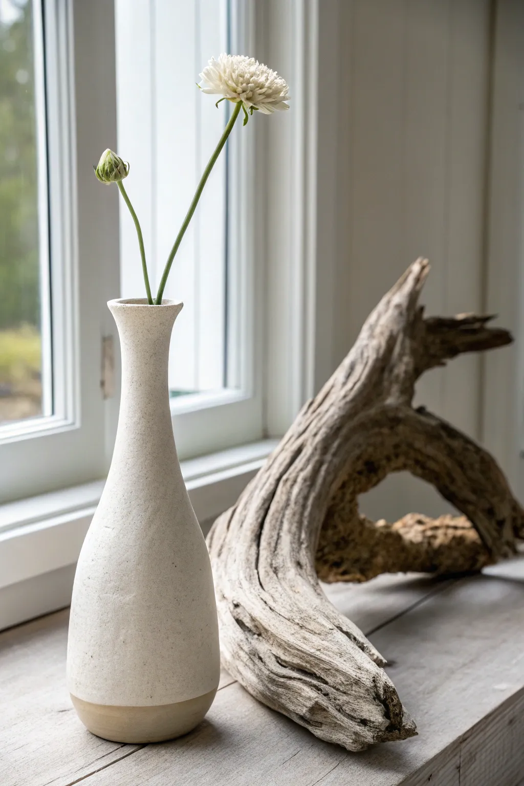 Minimal bud vase meets sculptural driftwood for an easy mixed media ceramic centerpiece
