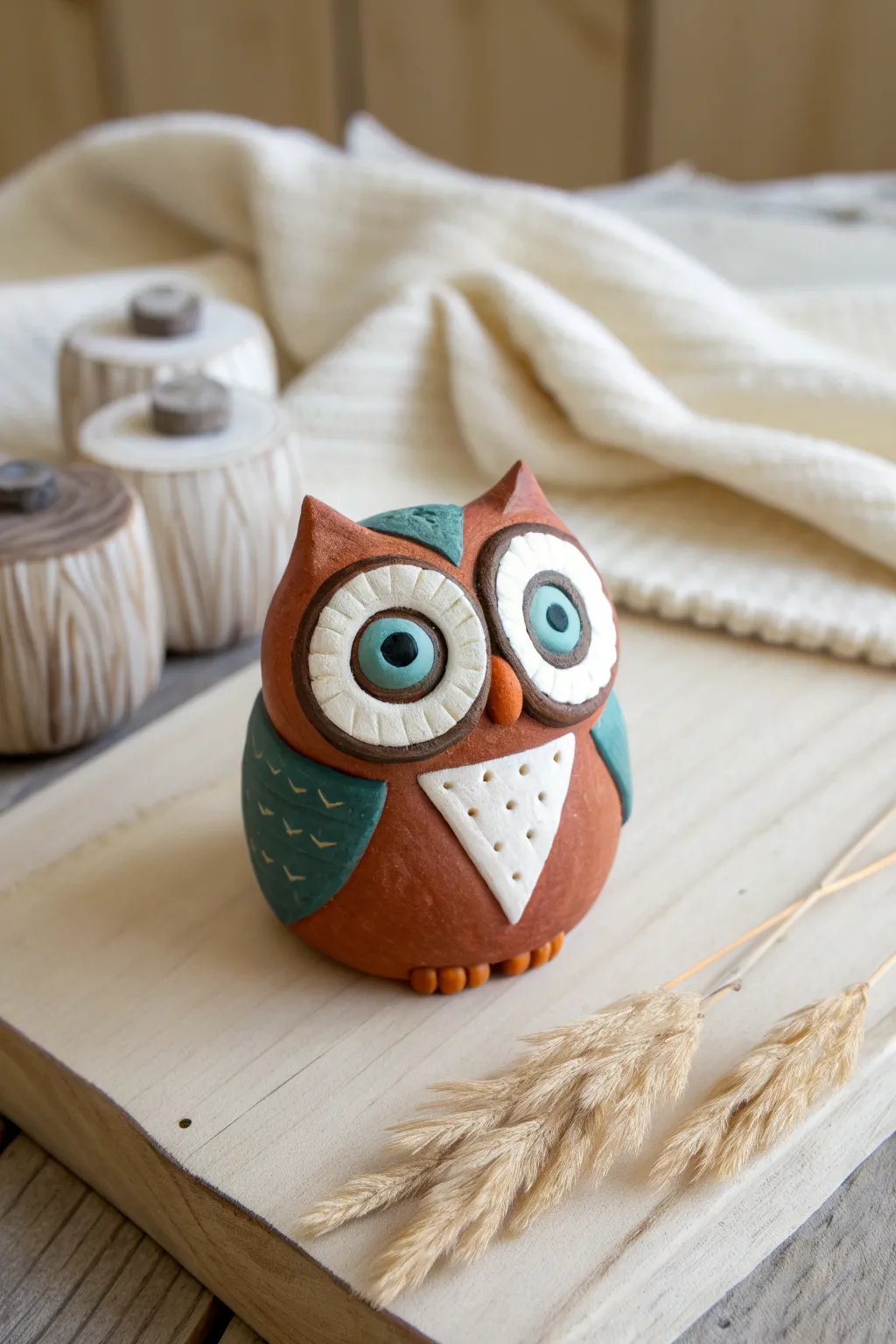 Wide-eyed owl made from model magic clay, layered discs and bold colors in a minimal Nordic scene.