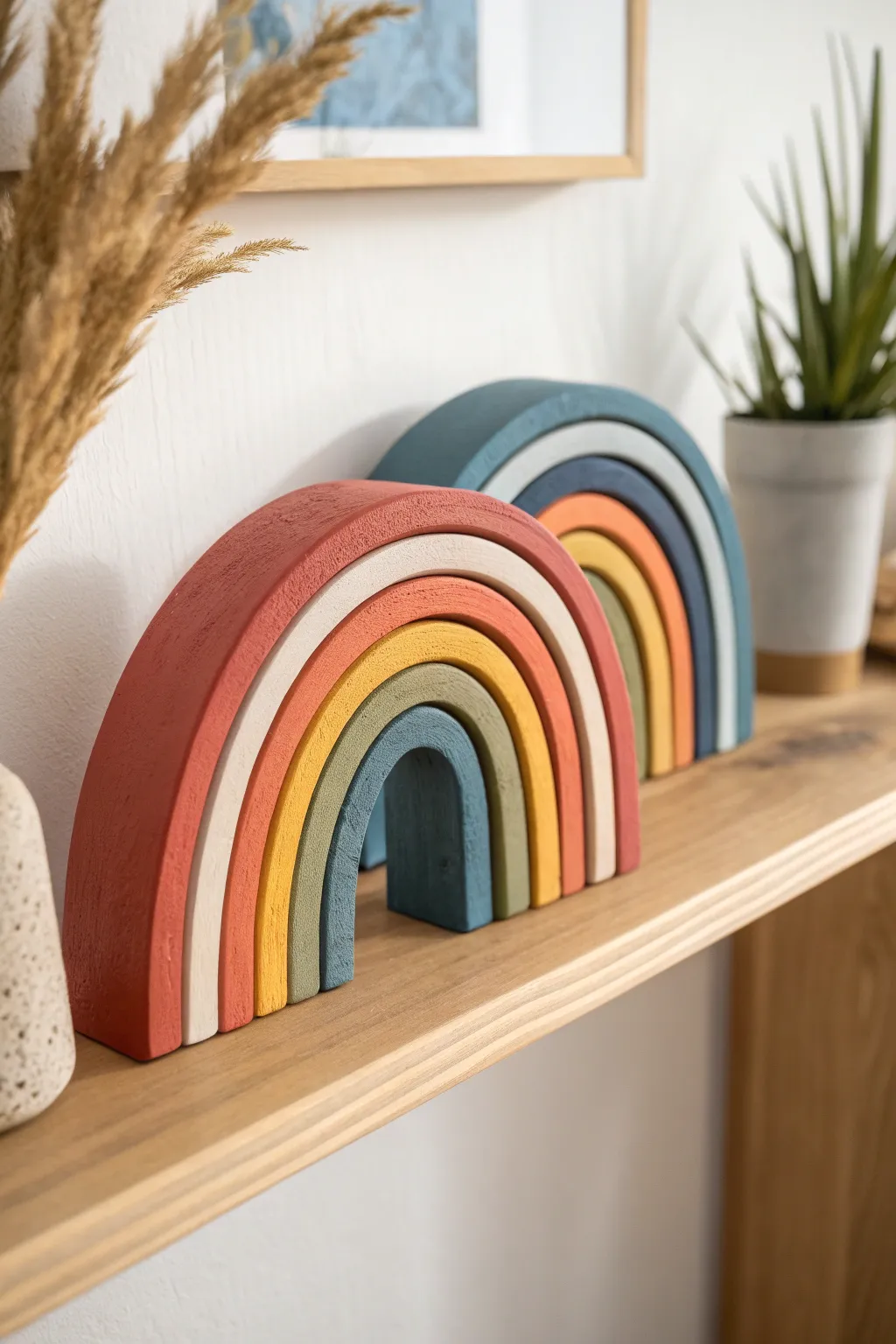 Chunky rainbow arch clay sculptures in bold bands, minimalist shelf styling, easy DIY inspiration.