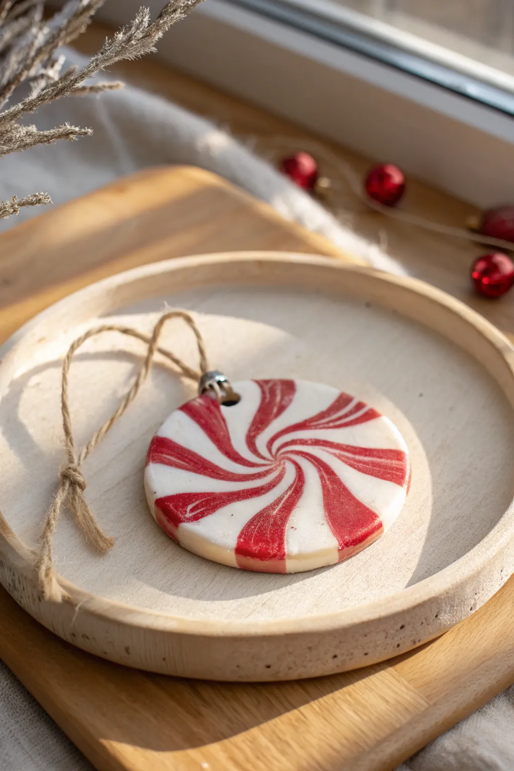 Glossy peppermint swirl clay ornament with candy cane vibes, a minimalist Christmas craft idea