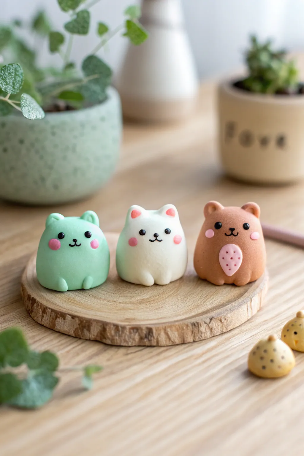 Kawaii clay trio: frog, cat, and bear with blush cheeks, minimal and cozy Scandinavian vibe.