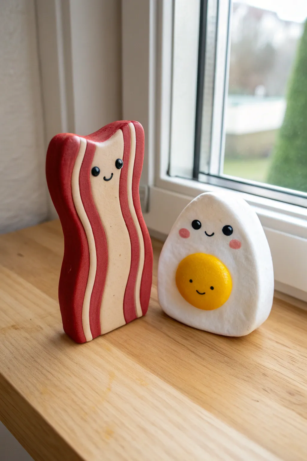 A cute bacon and egg clay duo for couples, simple to make and perfect for a cozy desk corner