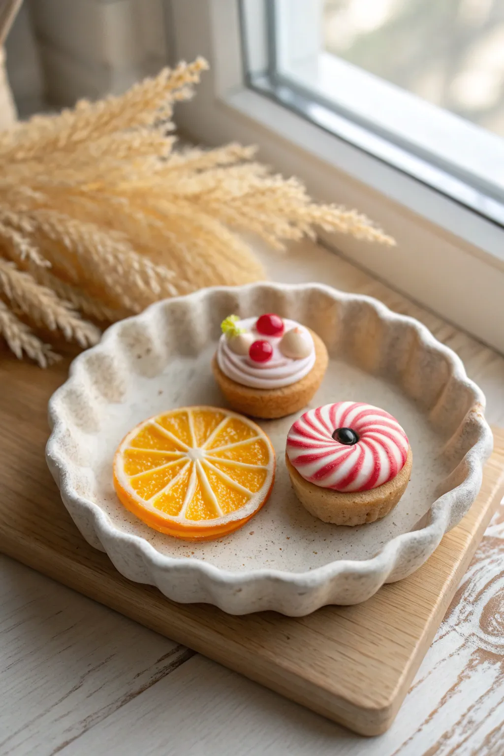 Mini clay food bites on a tiny tray: citrus, pastry, and candy in bold, cozy colors