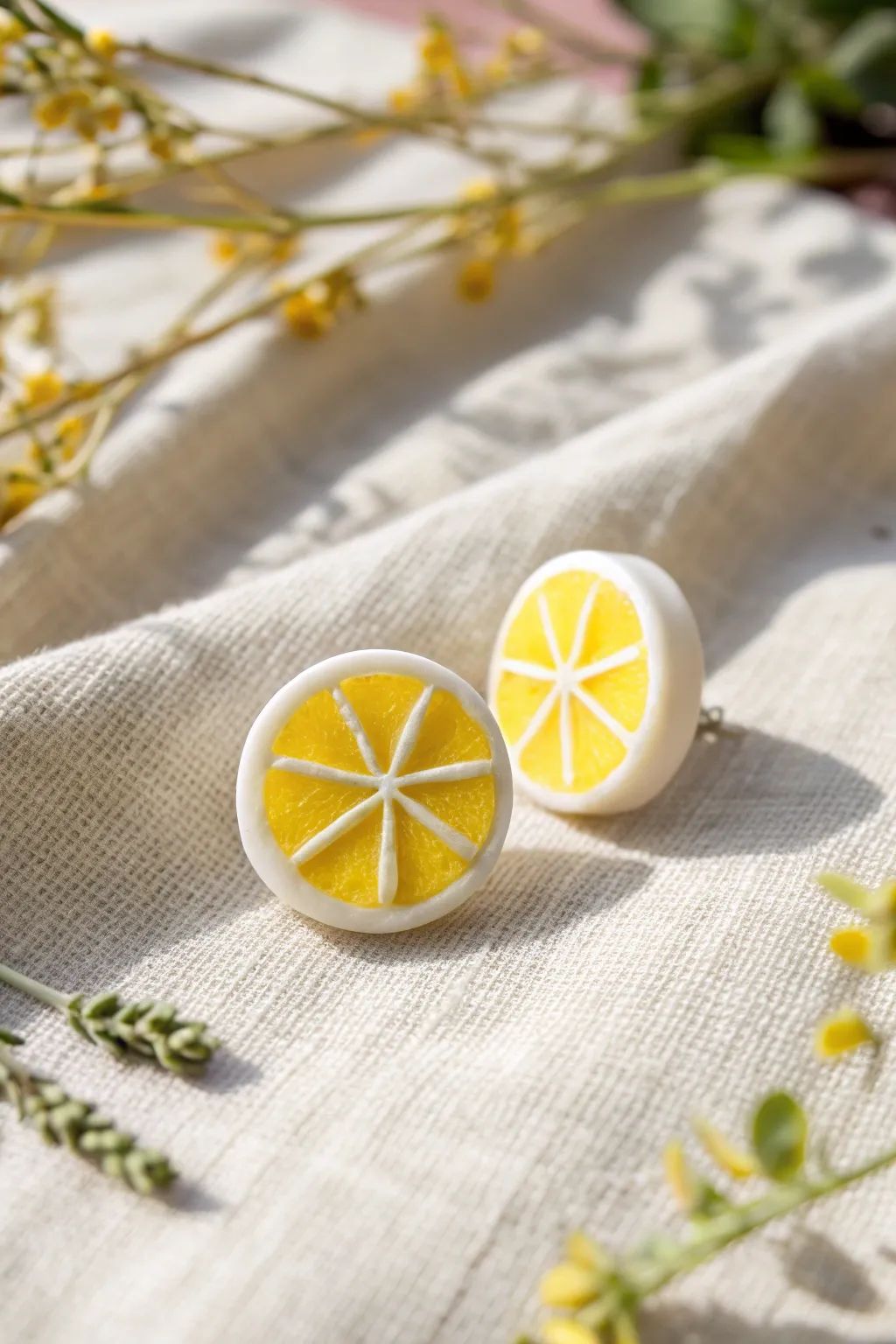 Bright lemon slice clay stud earring, minimalist flat lay with boho linen texture and crisp contrast.