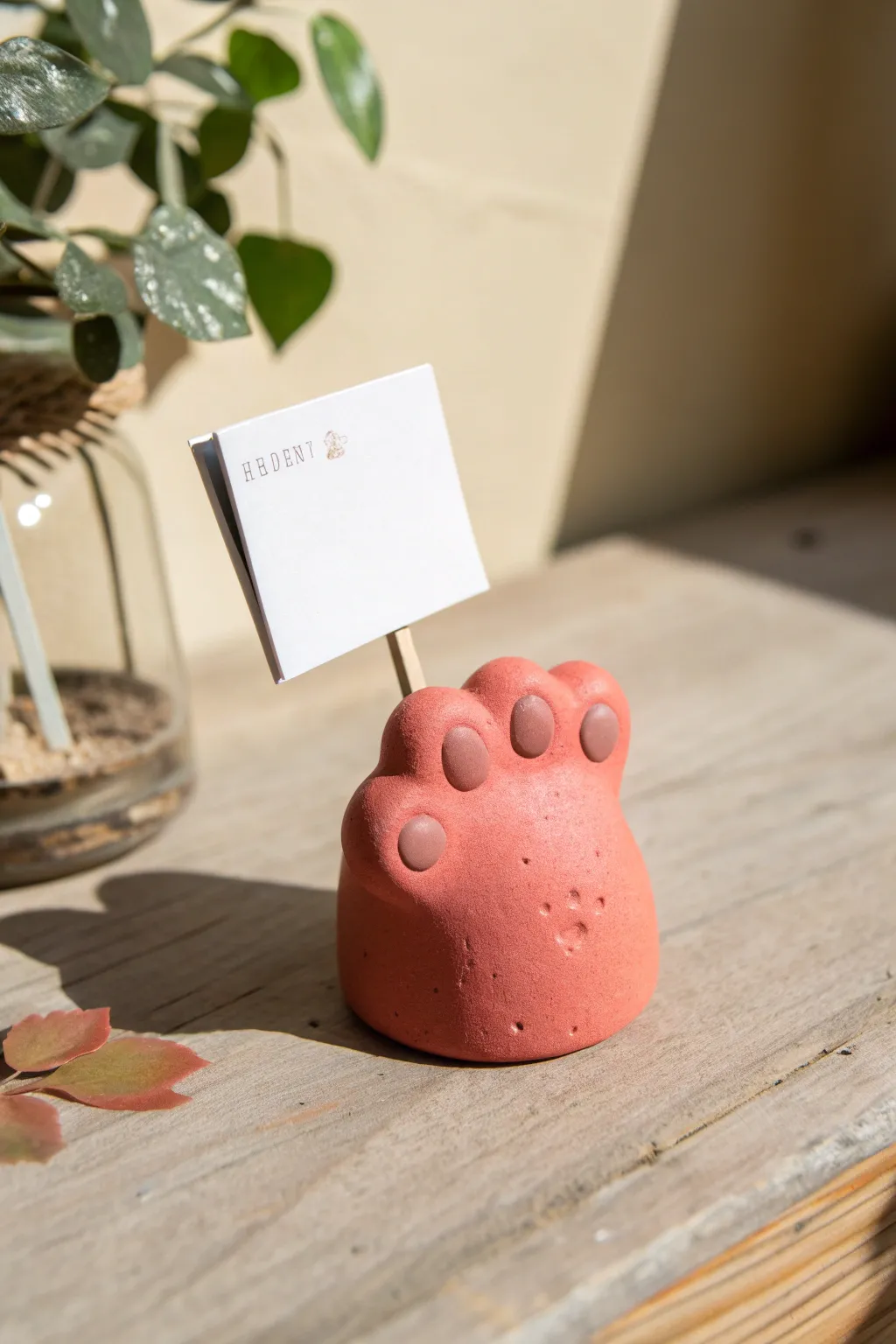 Tiny clay bear paw photo stand in bold coral, minimalist and sweet, perfect for displaying mini prints