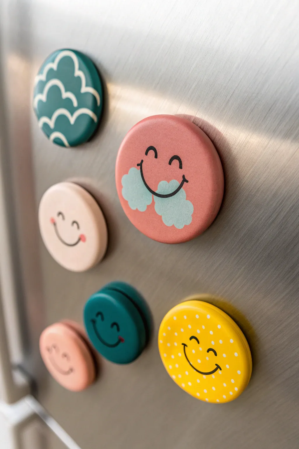 Sweet clay smiley magnets in simple shapes, a minimalist pop of color for your fridge.