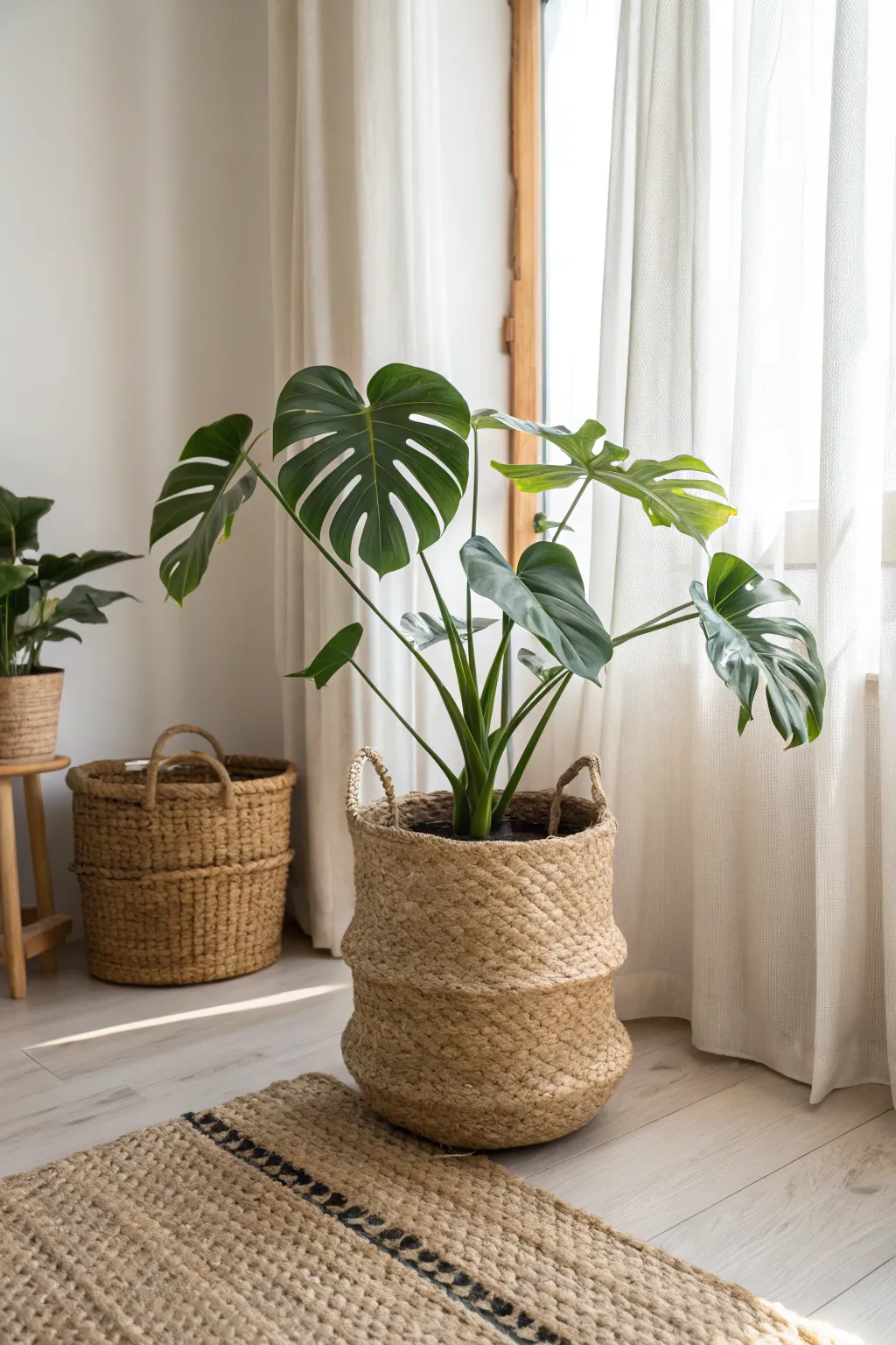 Deep green monstera in a woven basket cover adds soft texture to a calm minimalist corner