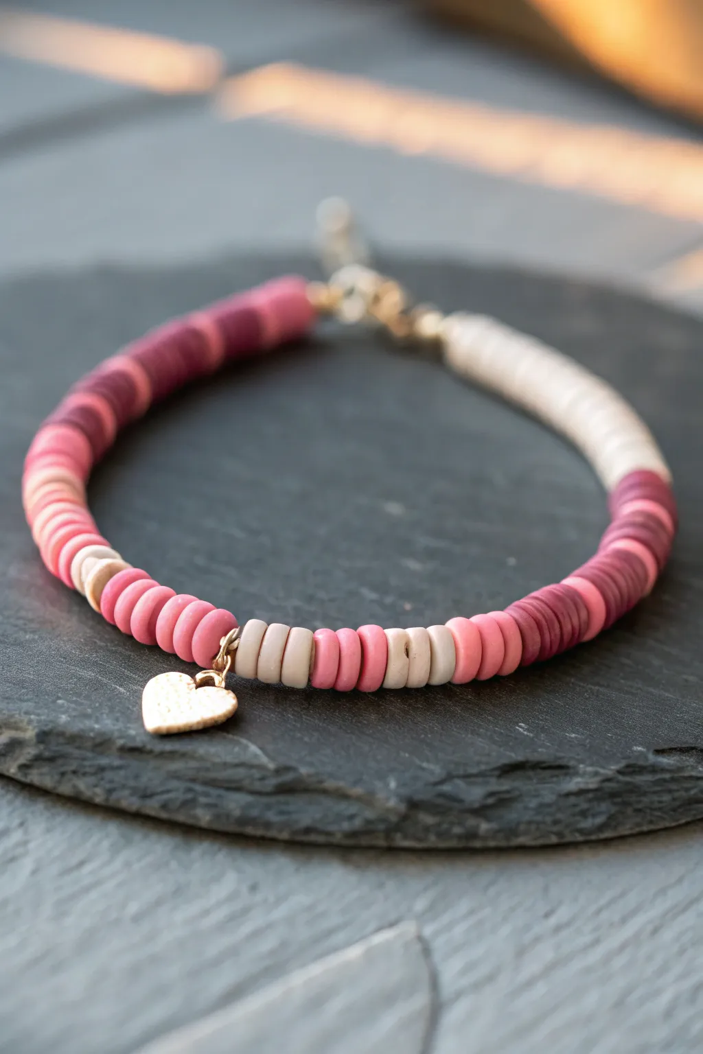 Pink ombre heishi bead bracelet with tiny heart centerpiece, a sweet Mothers Day gift