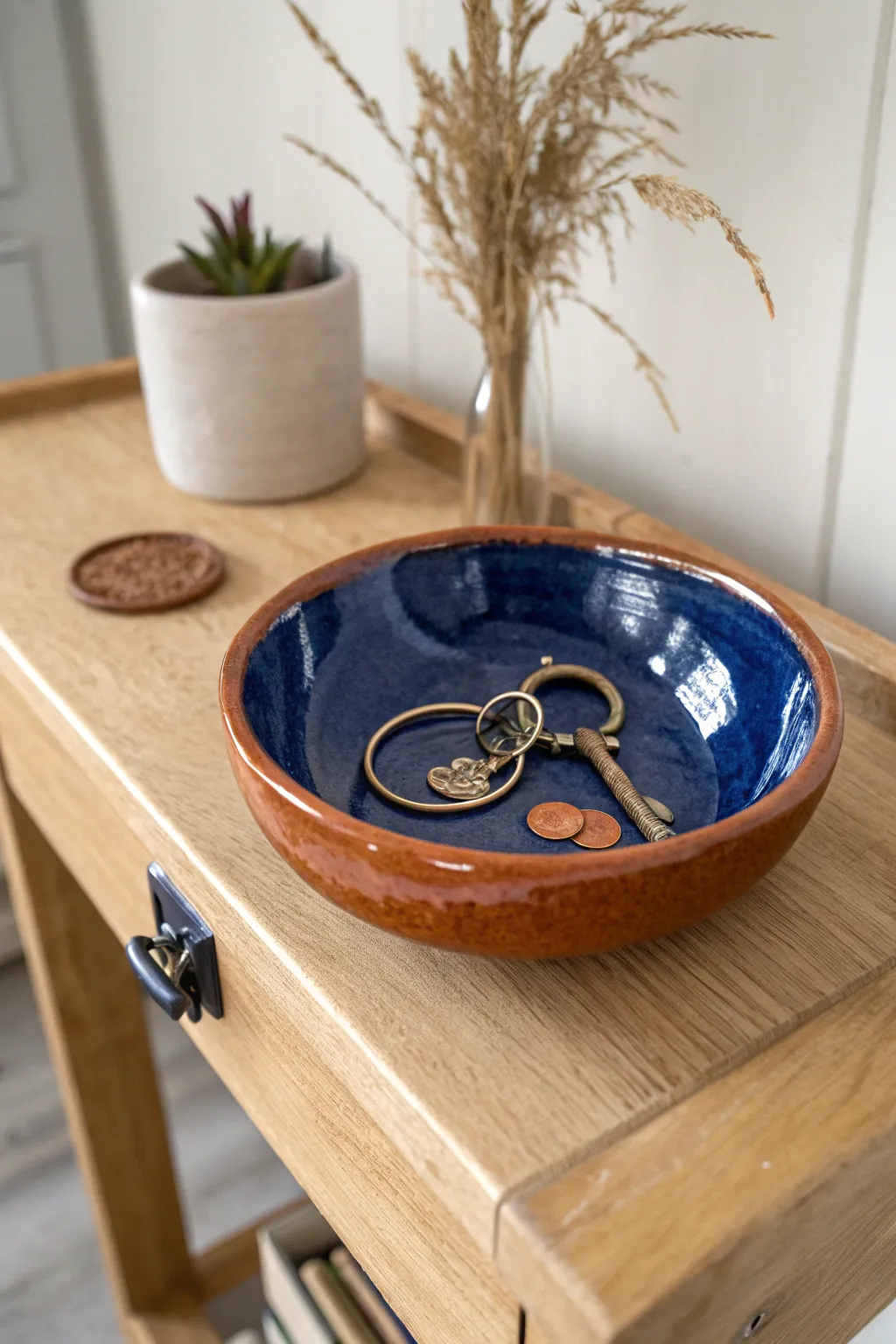 Handmade clay catchall dish with keys and coins, a sweet Mothers Day entryway gift idea