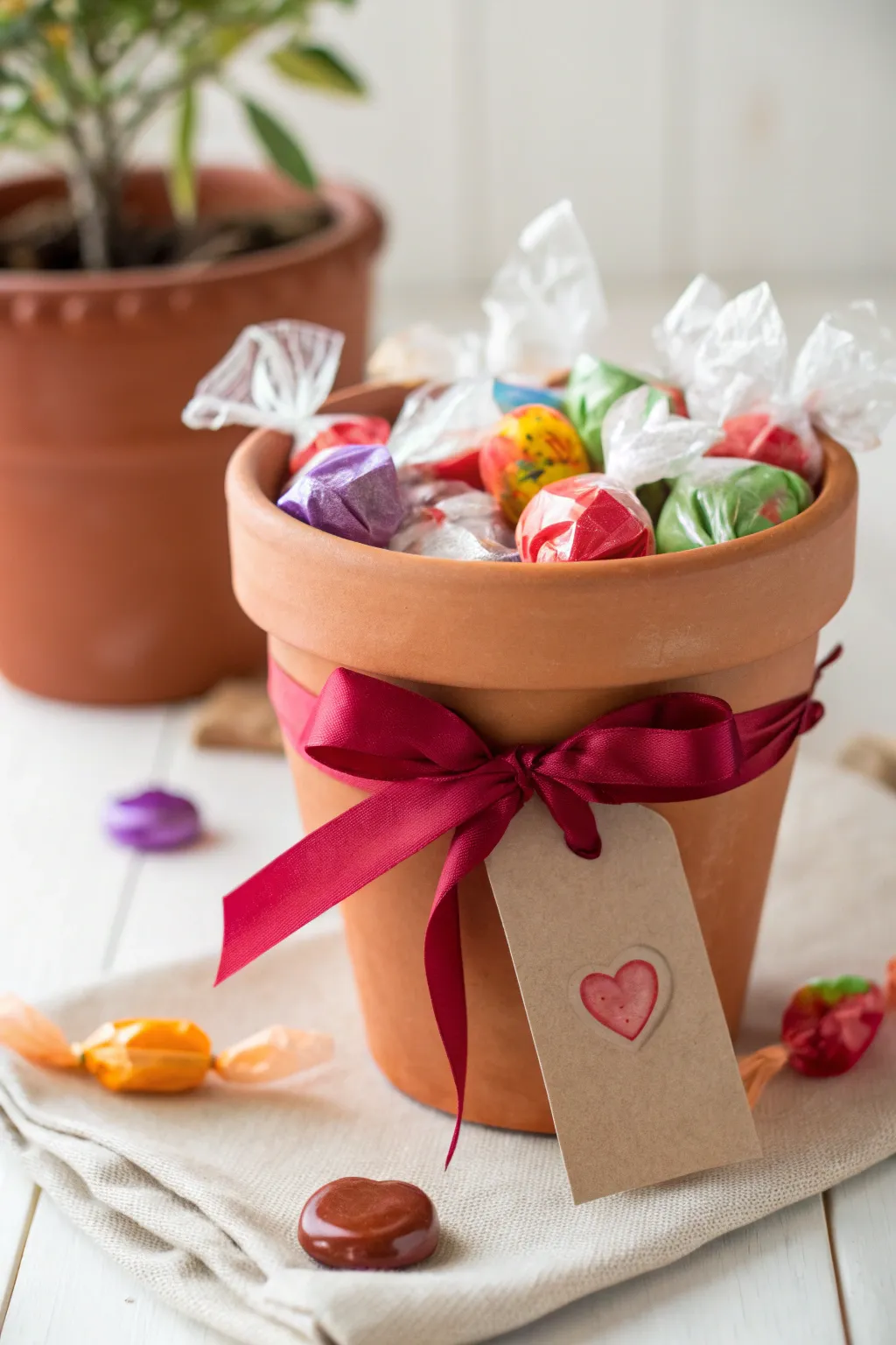 Candy-filled painted clay pot tied with ribbon and tissue, a simple handmade Mother’s Day gift.